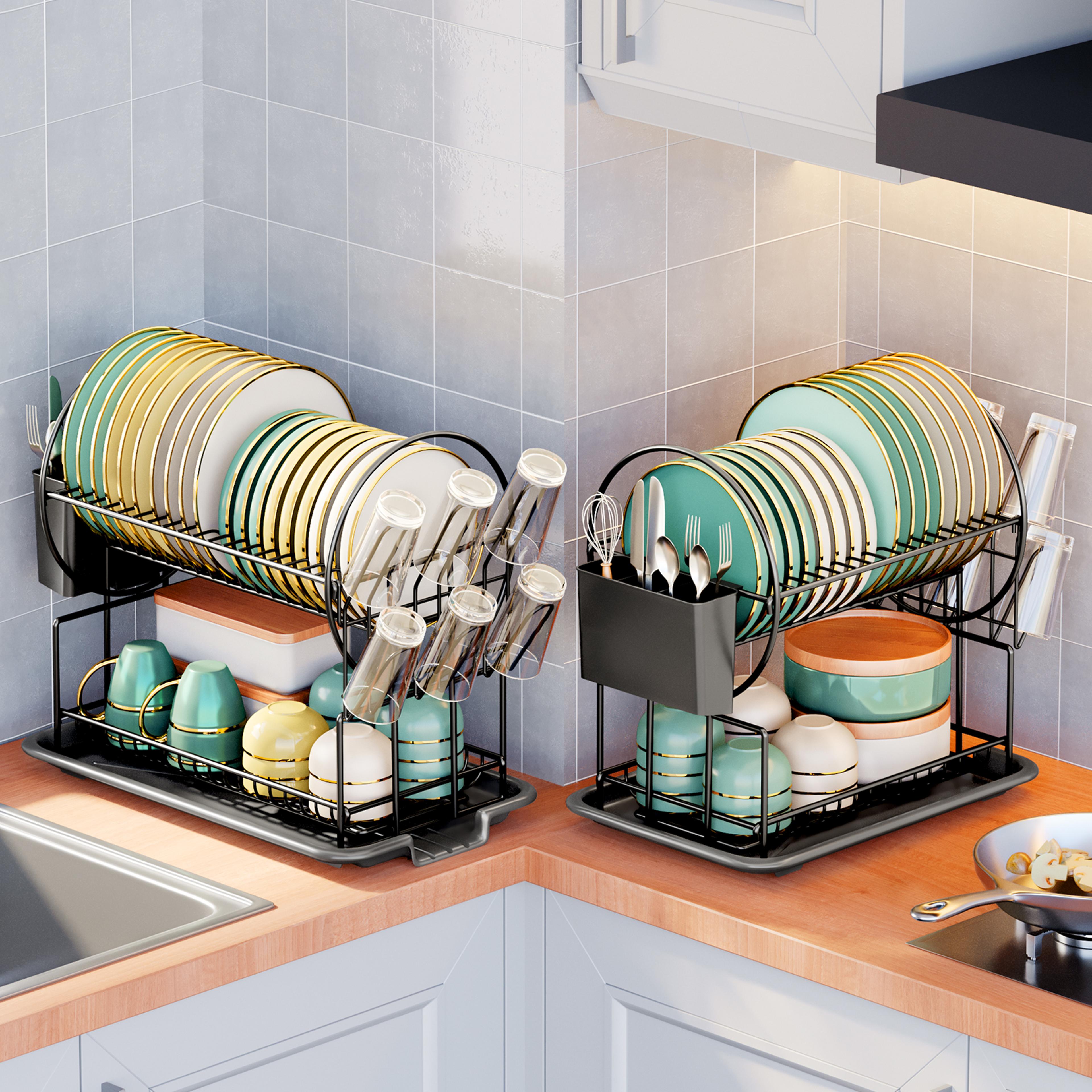 Dish Drying Rack Drain Board Set Kitchen Countertop Storage Rack Tableware Drainer Cup Holder Knife 1