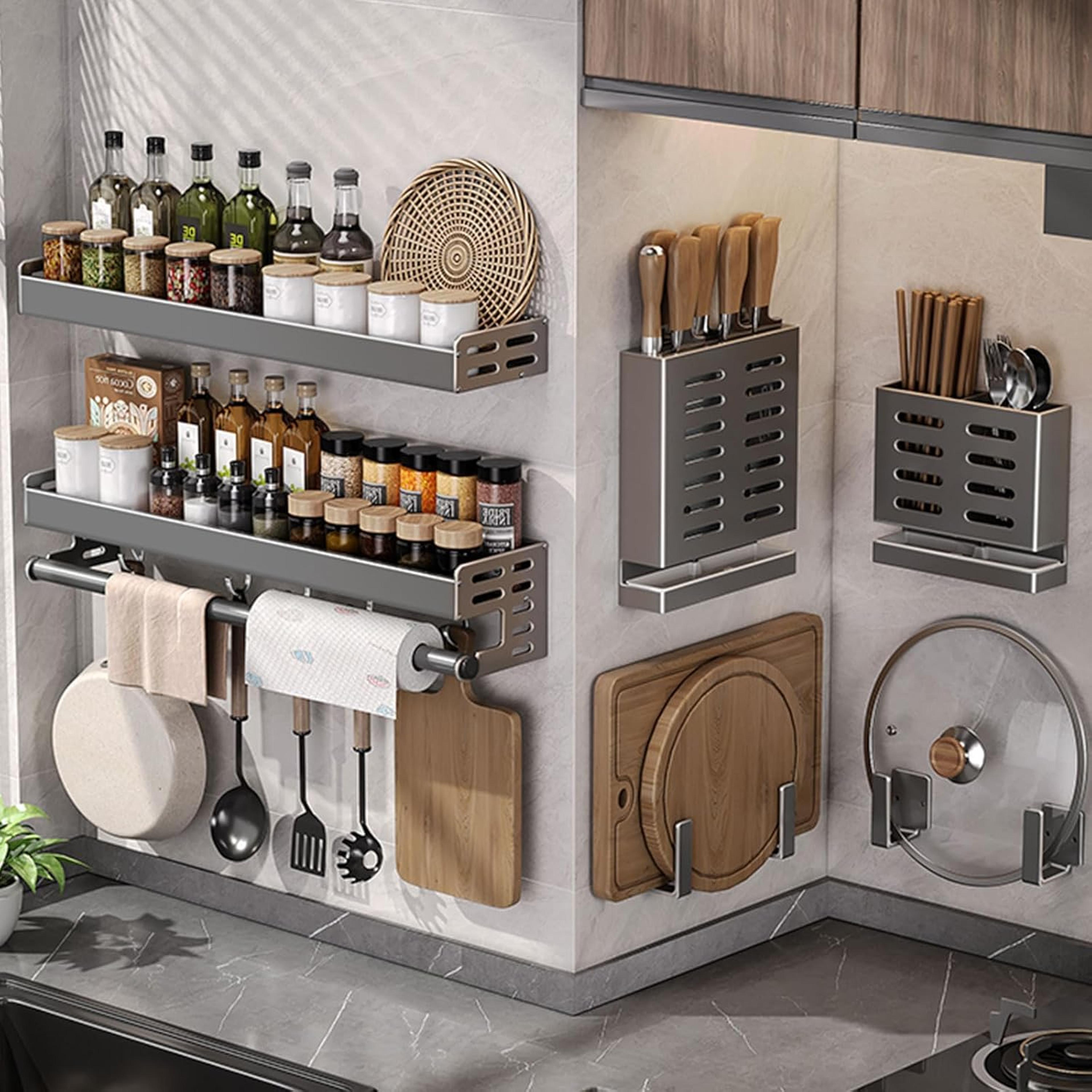 Wall Mount Utensil Holder MultiFunctional Spice Organizer Shelf Kitchen Hanging Storage Wall Shelf  5