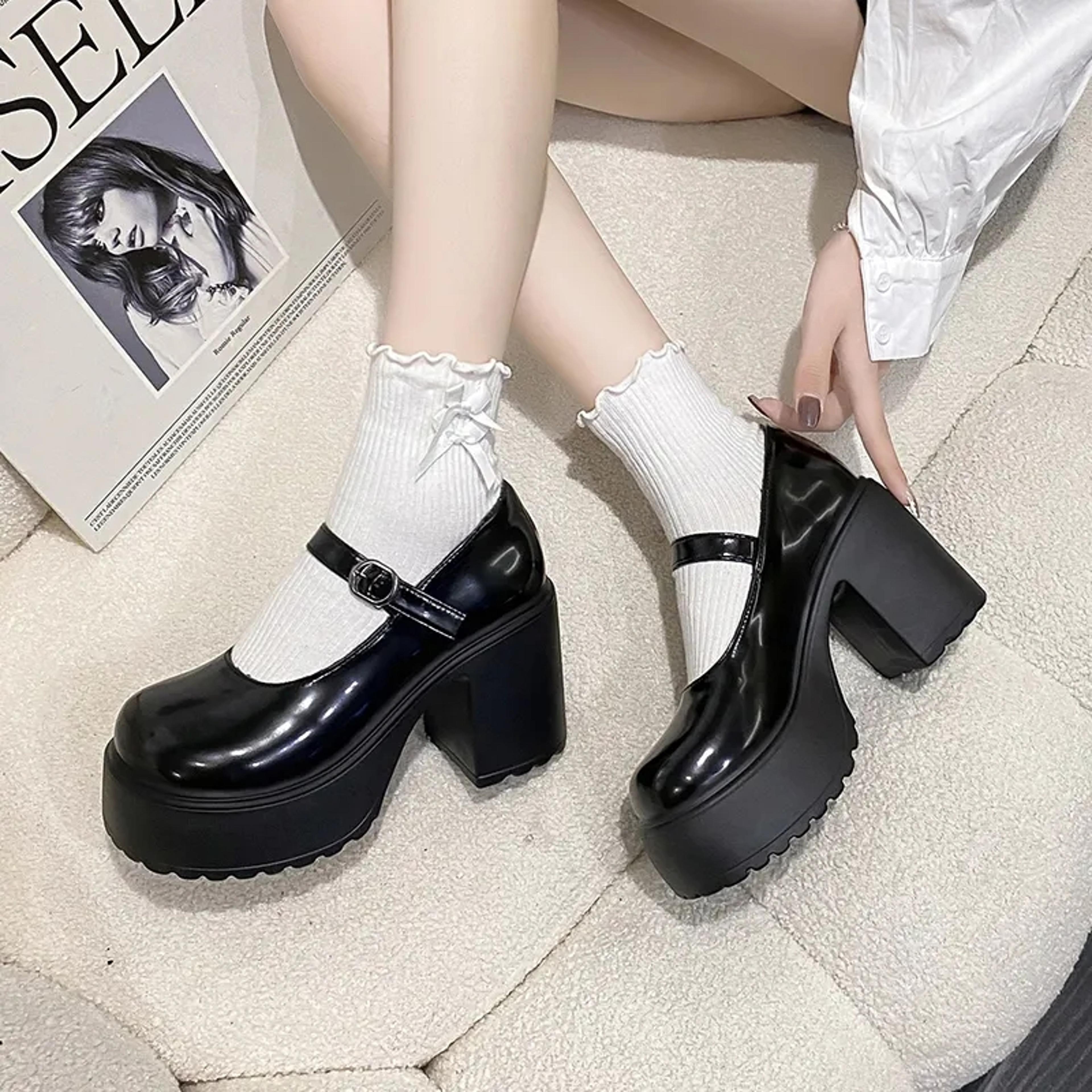 Black Super High Heels Mary Jane Shoes Women Goth Chunky Platform Pumps Plus Size Ankle Buckle Part 0