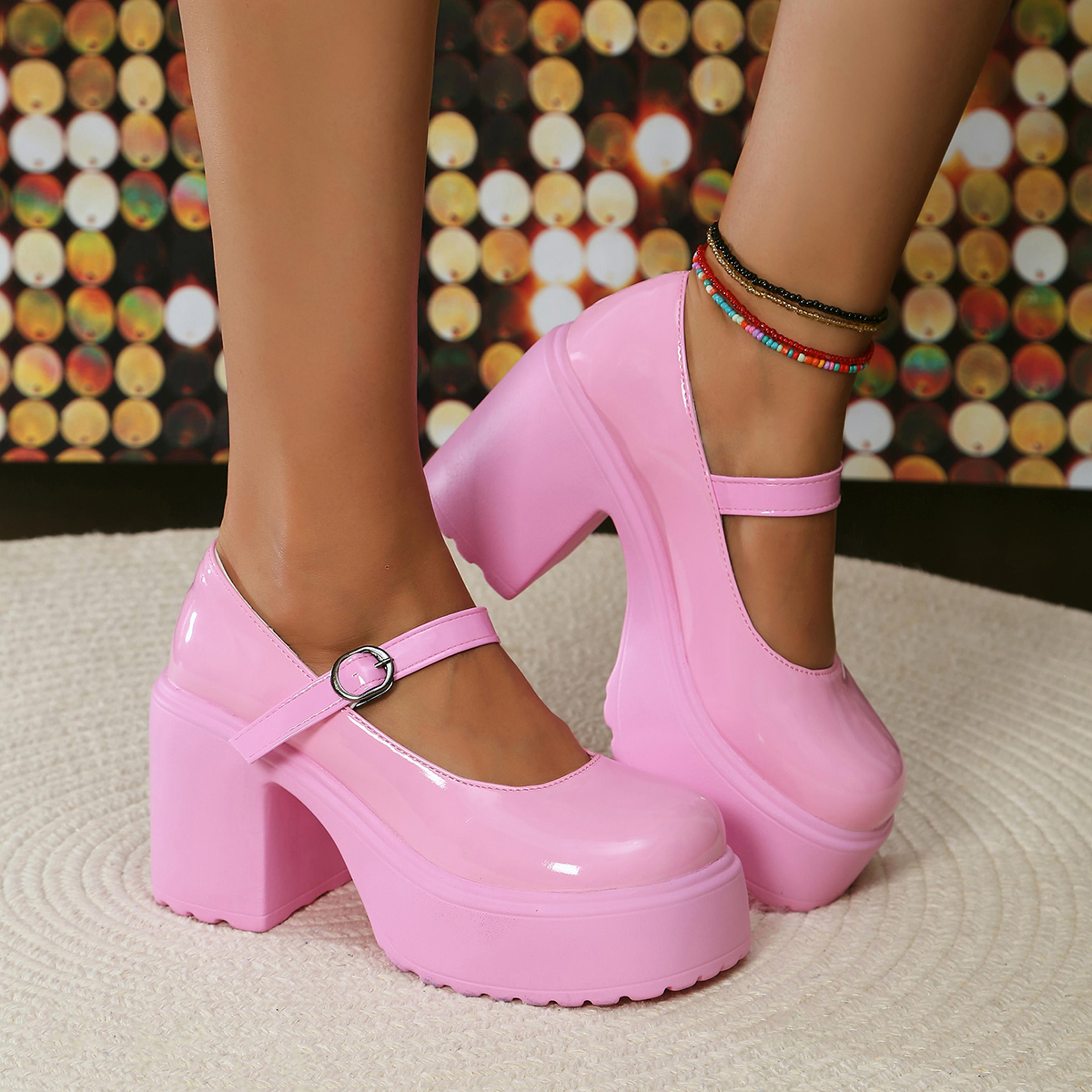 Black Super High Heels Mary Jane Shoes Women Goth Chunky Platform Pumps Plus Size Ankle Buckle Part 2