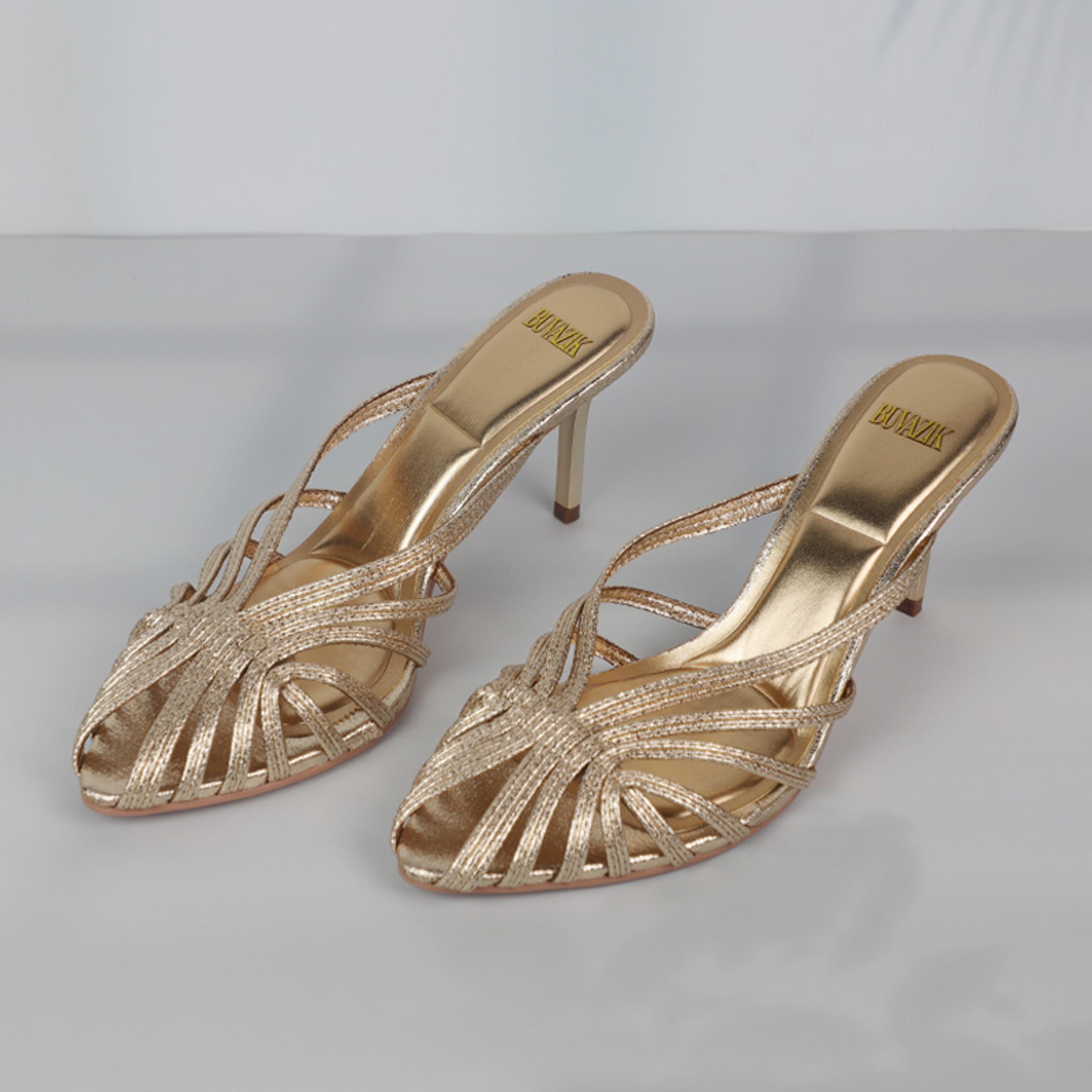 Gold Hollow Thin Strip Heels For Women Luxury Pointed Toe Heeled Pumps Office Lady Mules Summer Sho 3