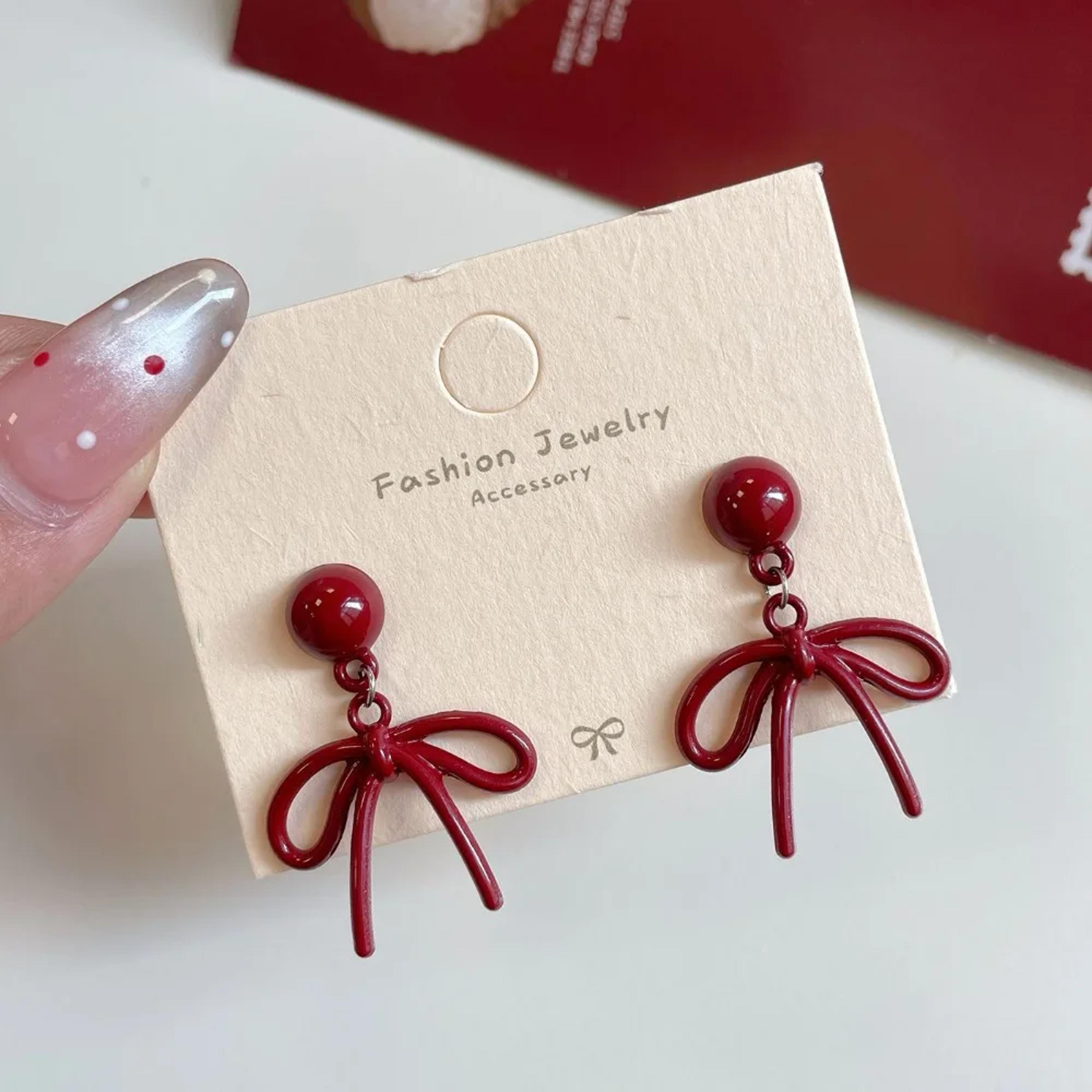 Retro Style Red Bow Knot Stud Earrings For Women Simple Ear Rings Ballet Ribbon Aesthetics Elegant  5