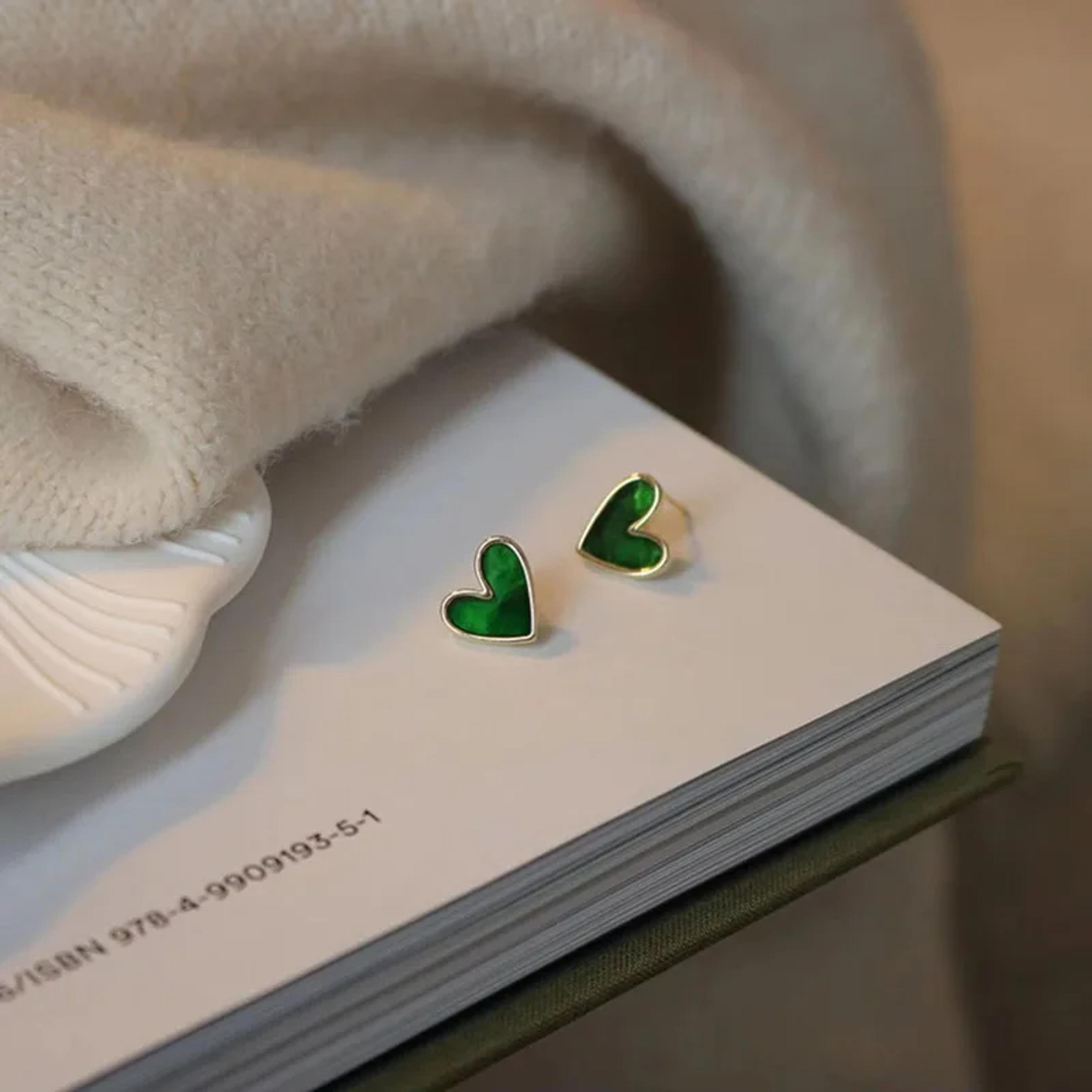 Cute Heart Earrings Bling Zircon Vintage Dark Green Gold Color Earring For Women Fashion Jewellery