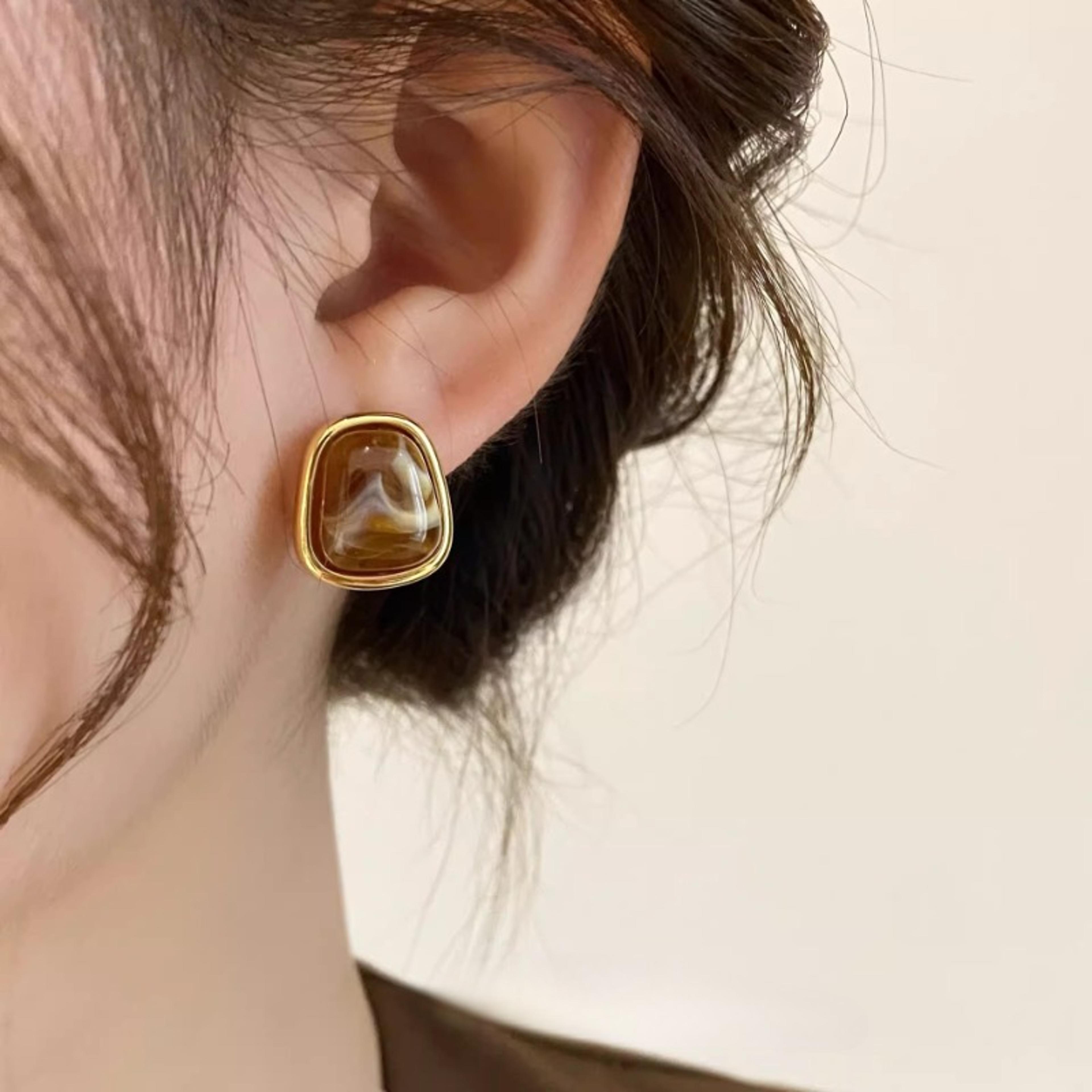 vintage coffee color square resin stud earrings, fashion metal geometric jewellery for women, irregular style earrings