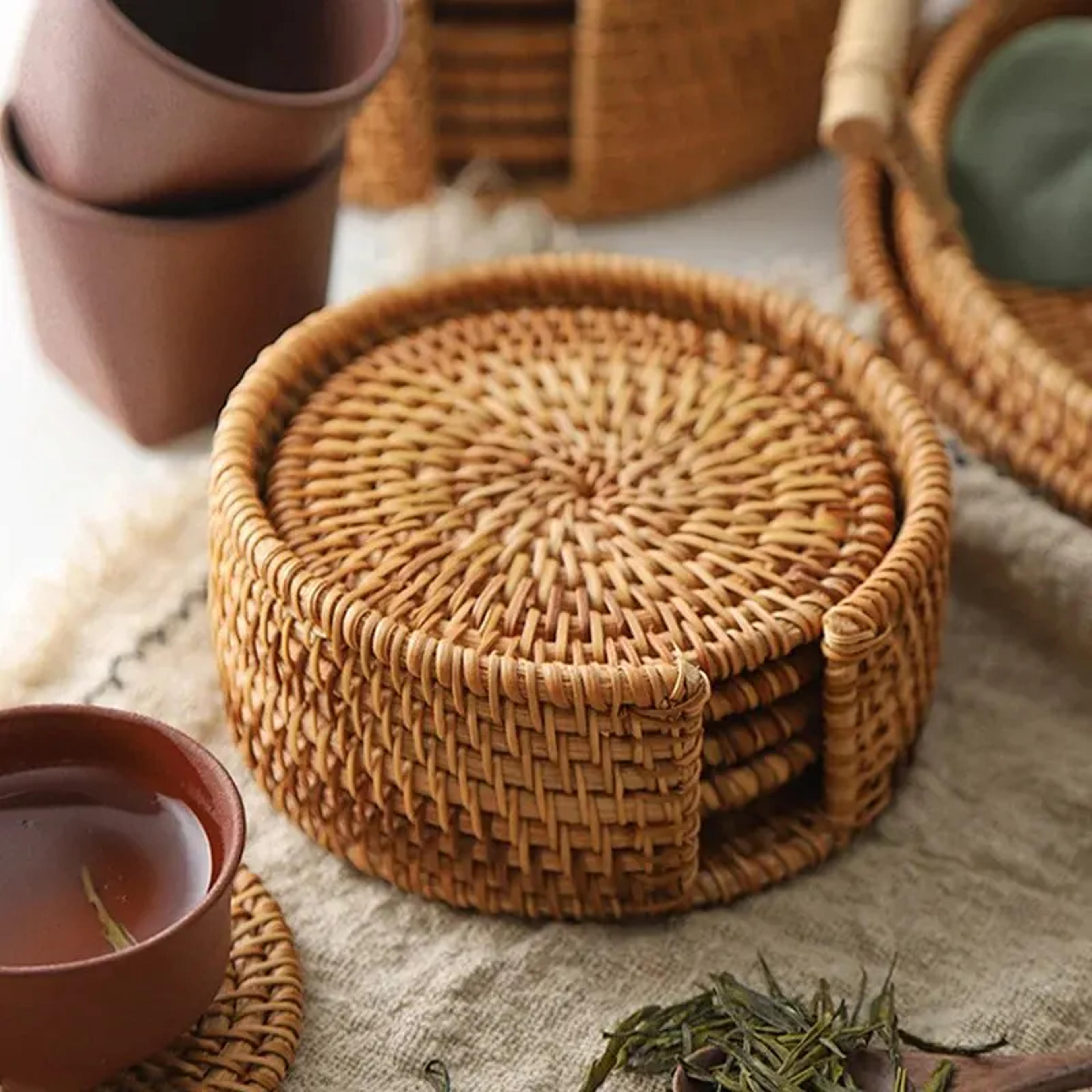 Drink Coasters For Tea Rattan Weave Tableware Heat Insulation Mat Pad Round Place Mat Dish Mat For  1