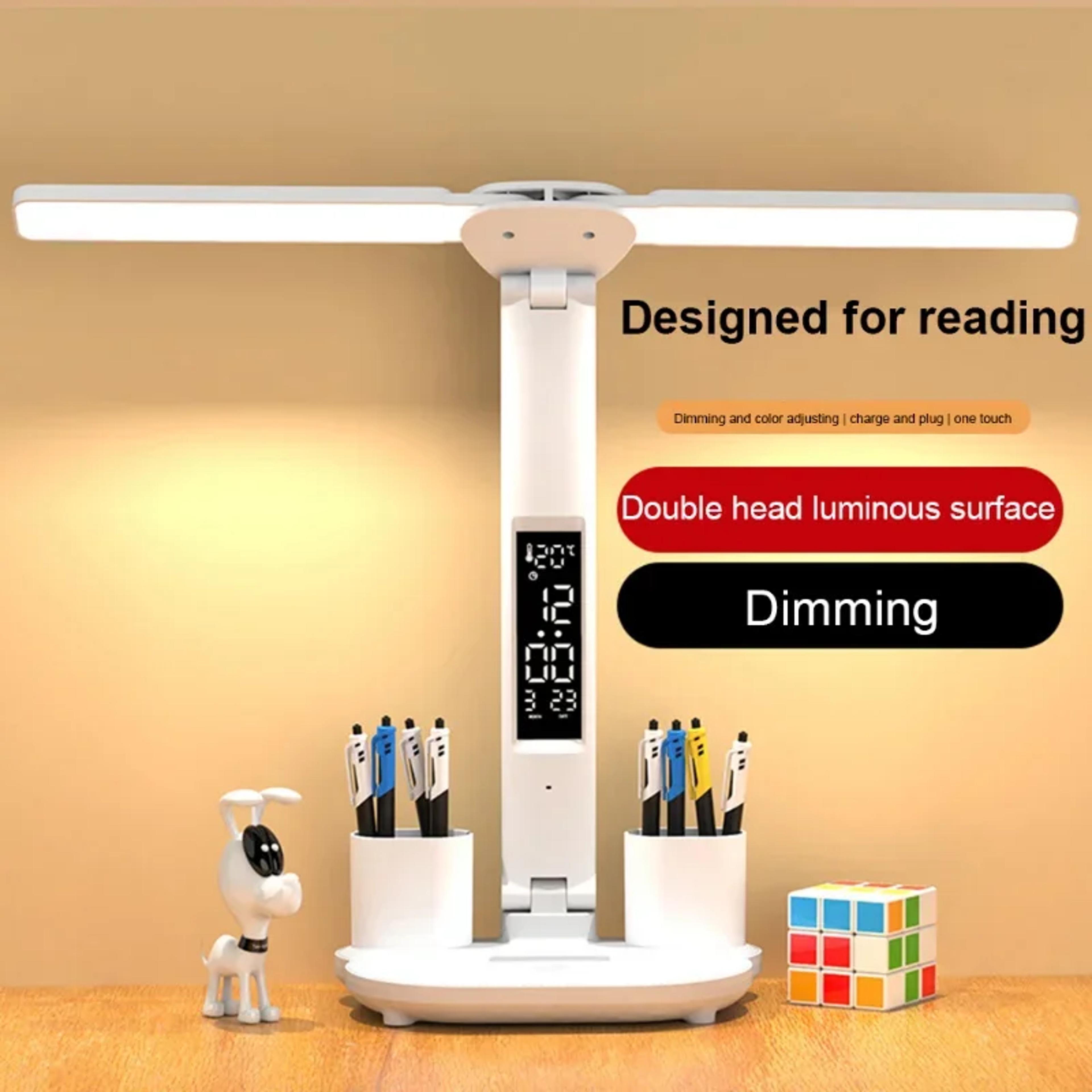DoubleHeaded LED Table Lamp Dimmable Desk Lamp With Calendar Clock Foldable Eye Protection Reading  1
