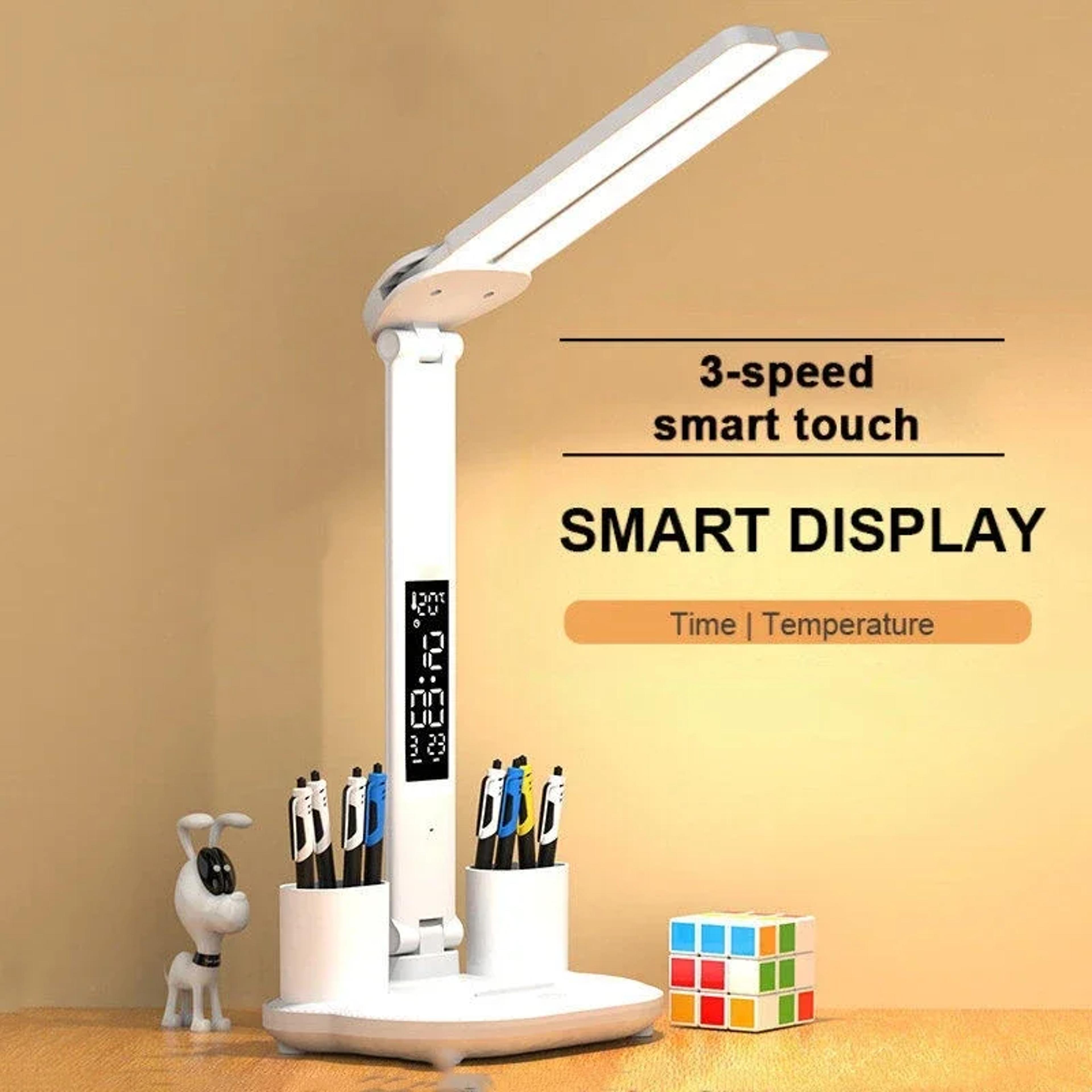 DoubleHeaded LED Table Lamp Dimmable Desk Lamp With Calendar Clock Foldable Eye Protection Reading  3