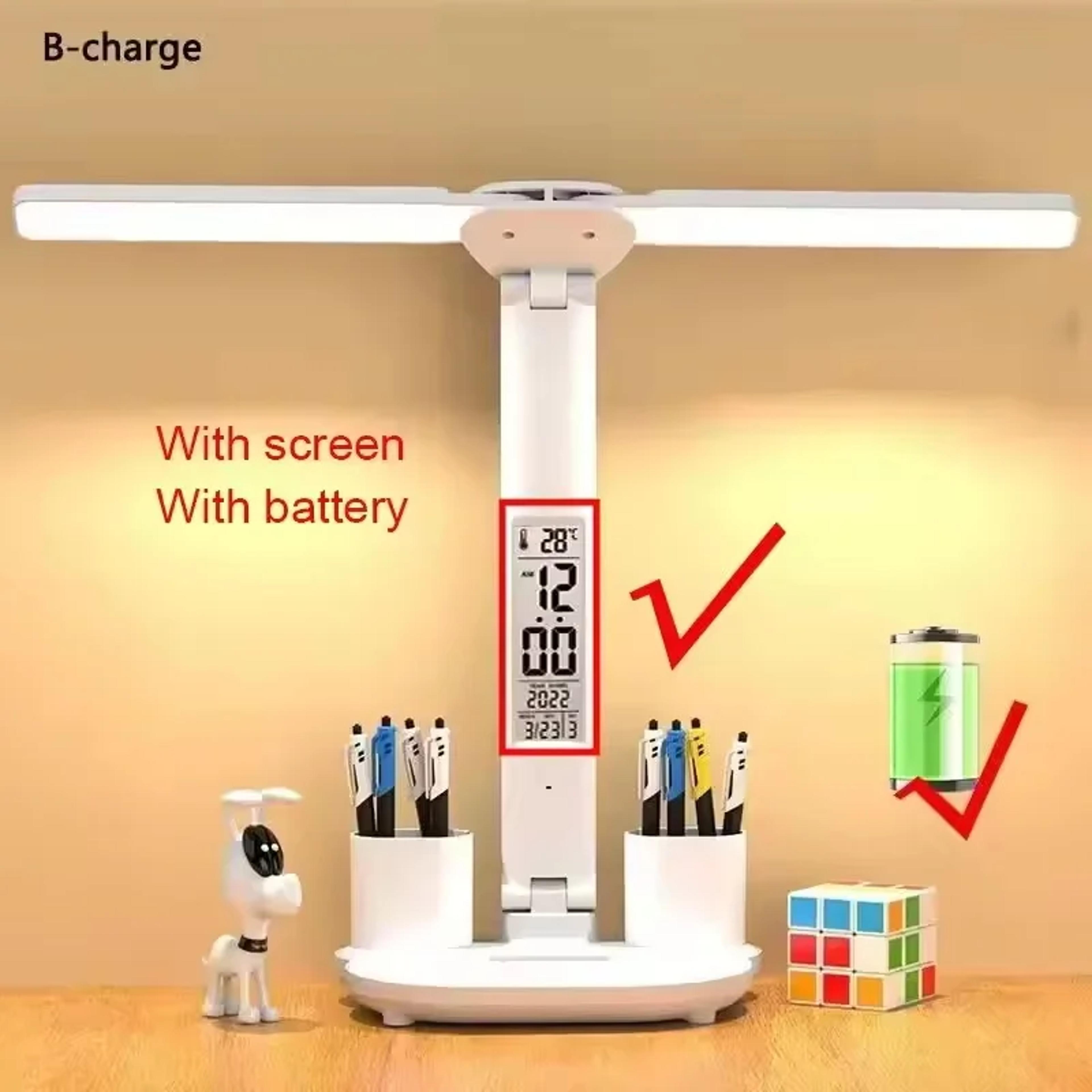 DoubleHeaded LED Table Lamp Dimmable Desk Lamp With Calendar Clock Foldable Eye Protection Reading  2