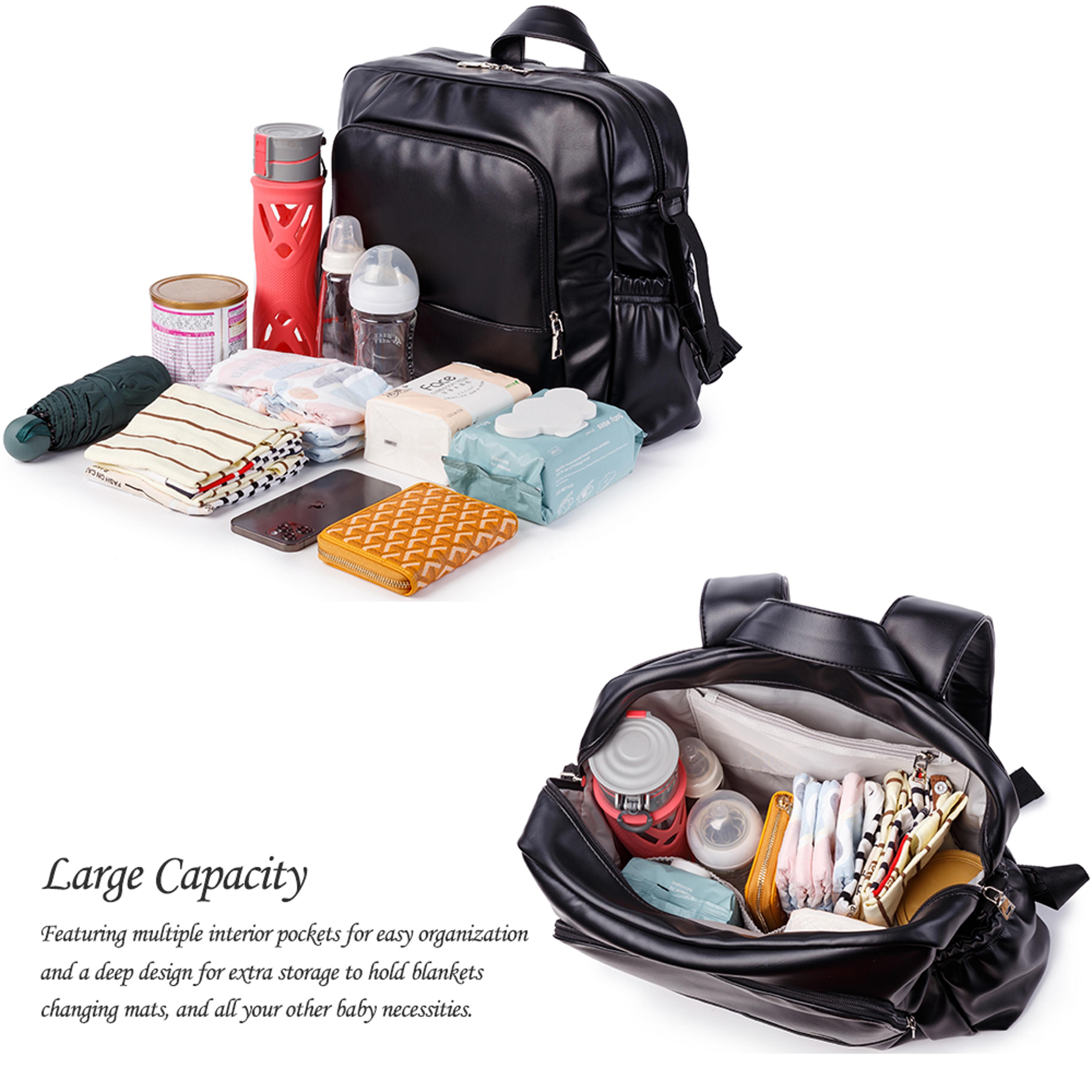 Waterproof Black Diaper Bag Smooth Leather Large Capacity Nursing Changing Backpack For Newborn Bab 2