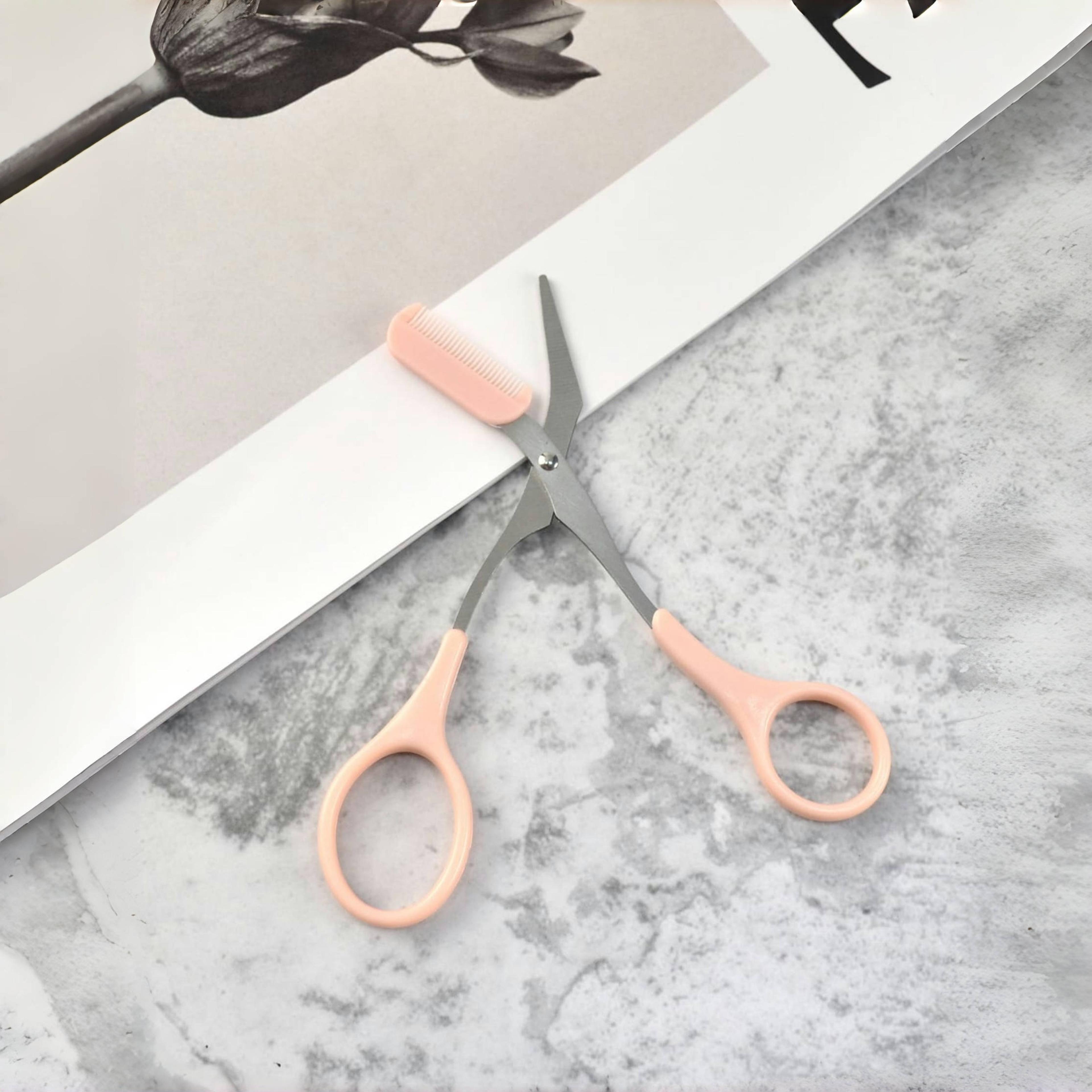 Pink Eyebrow Trimming Scissors With Builtin Comb Stainless Steel Precise Grooming Tool For Perfect