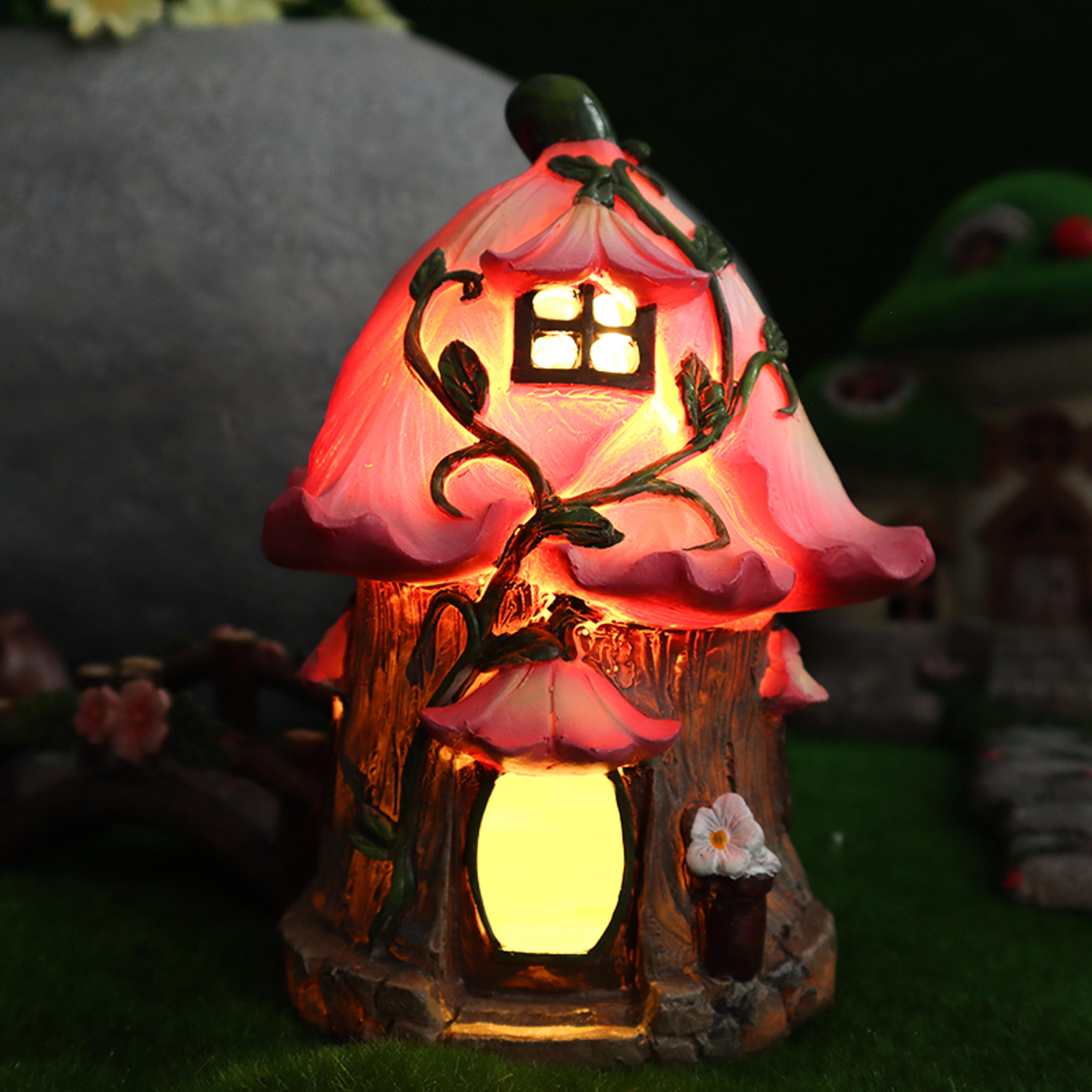 Solar Powered Garden Figurines Light Creative Mushroom House  Flower House Ornaments For Yard Lands 0
