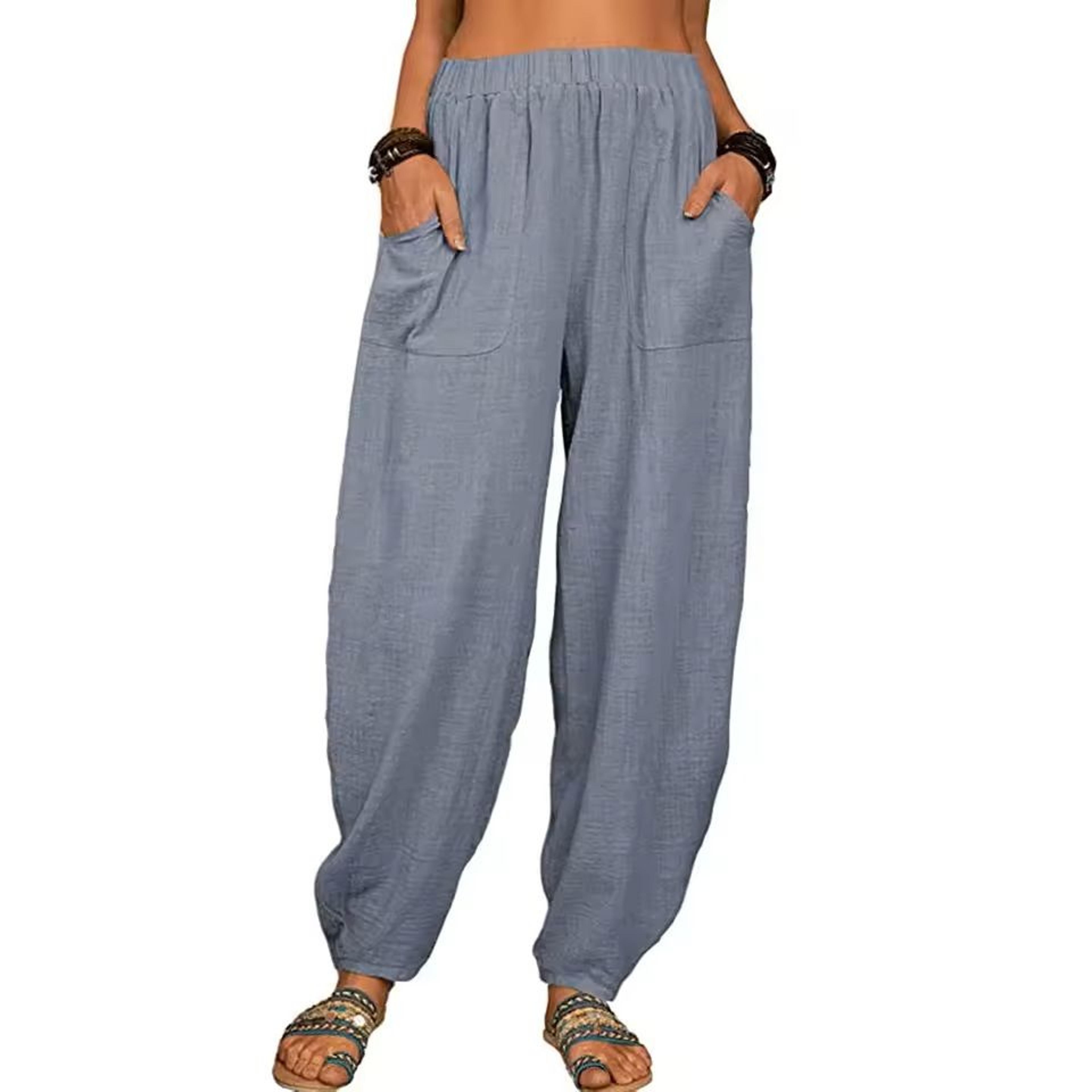 Womens Cotton Linen Harem Pants With Pockets And Elastic Waist 3