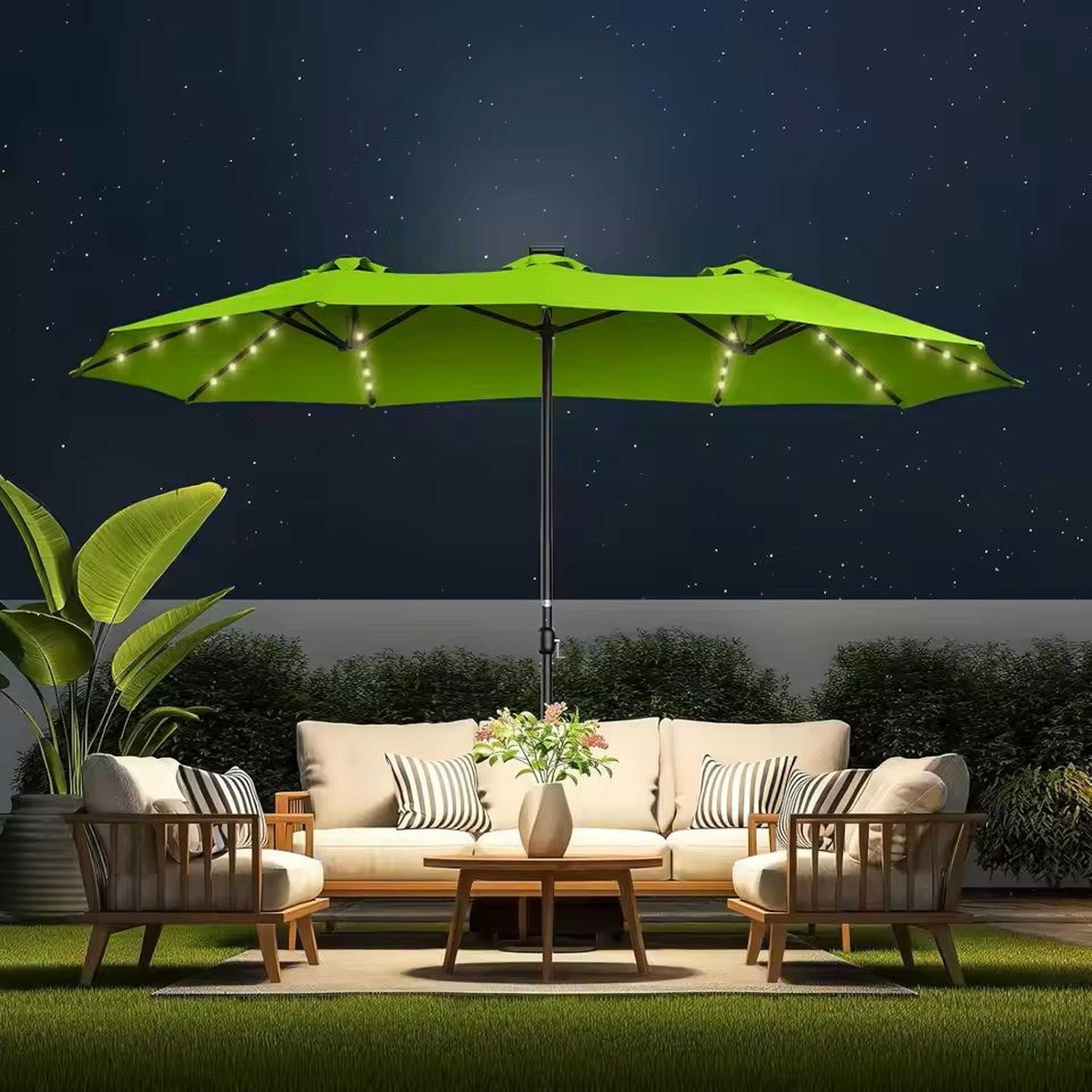 Extra Large Double Sided Patio Umbrella With Solar Lights And Base 9