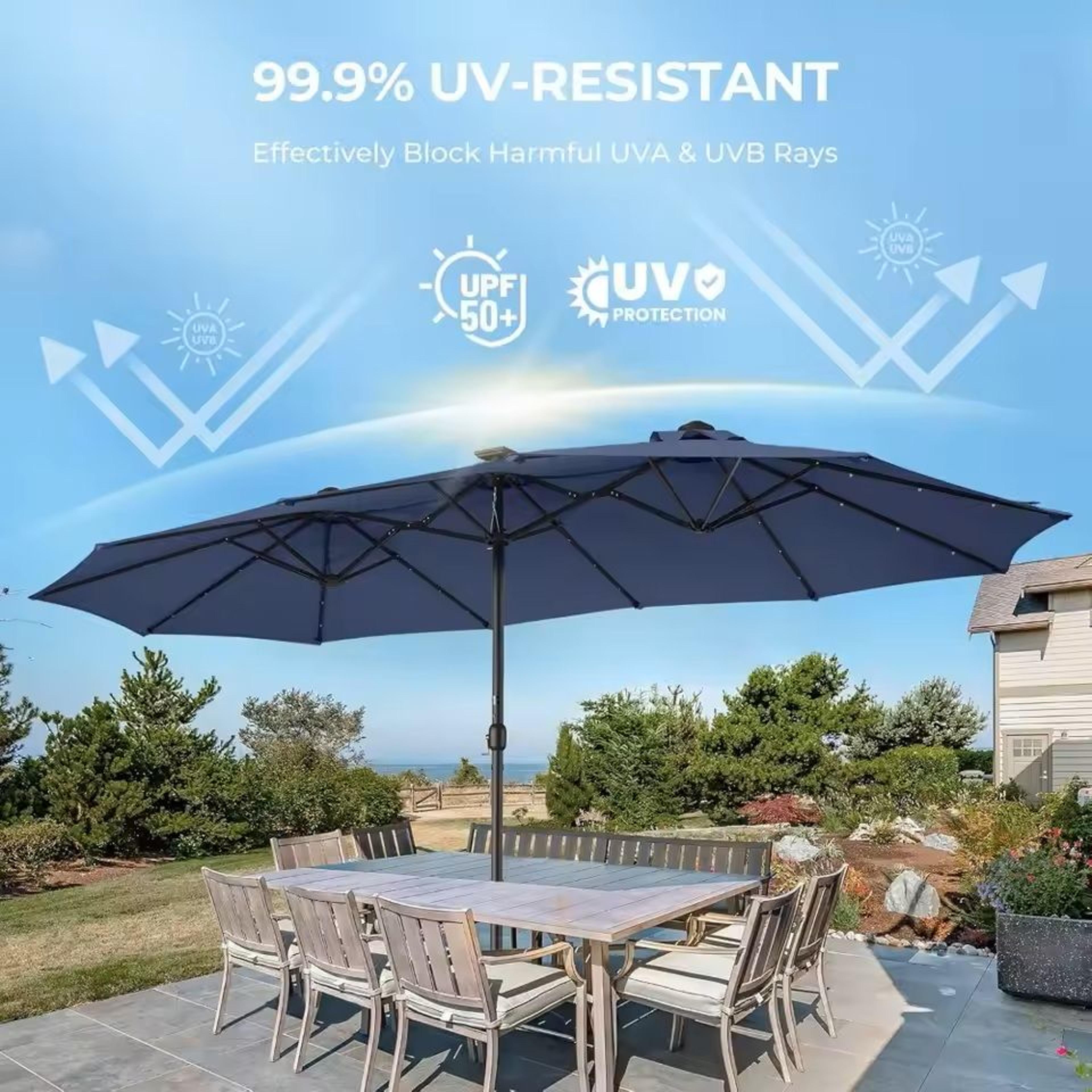 Extra Large Double Sided Patio Umbrella With Solar Lights And Base 10