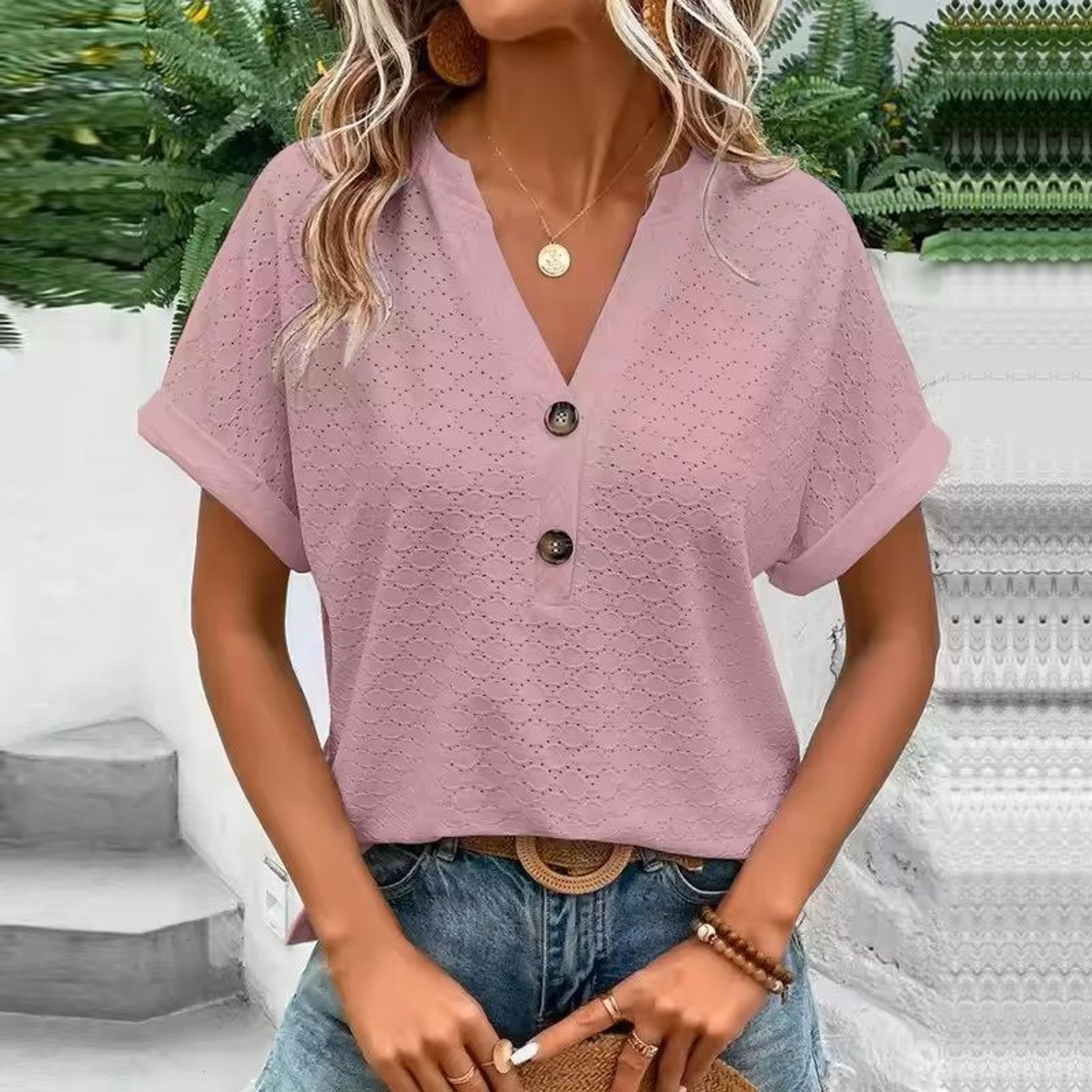 Jacquard VNeck Blouse  Casual Summer ButtonUp Shirt For Women 2