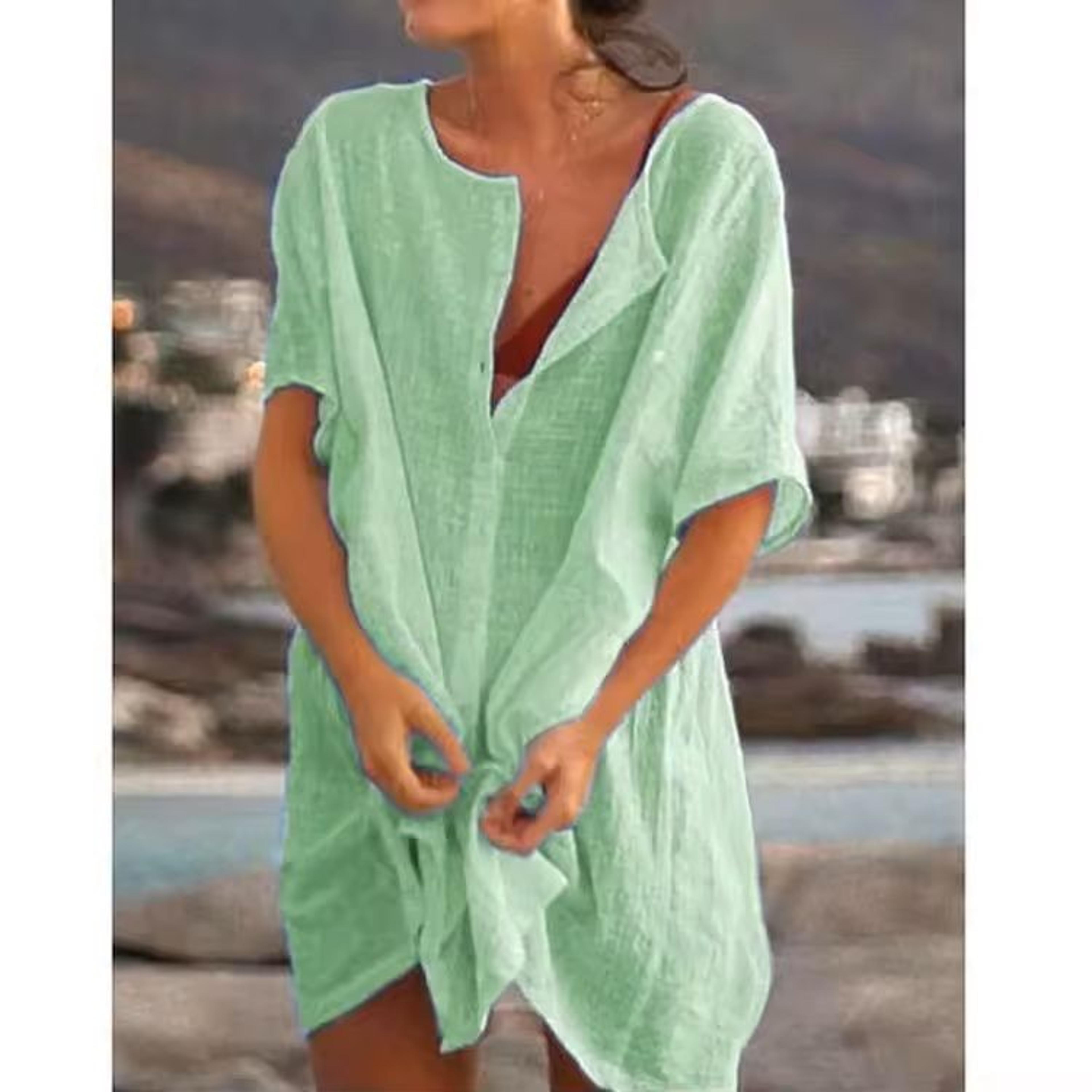 Cotton Linen Oversized Summer Blouse  Vintage Short Sleeve Button Down Shirt For Women 7