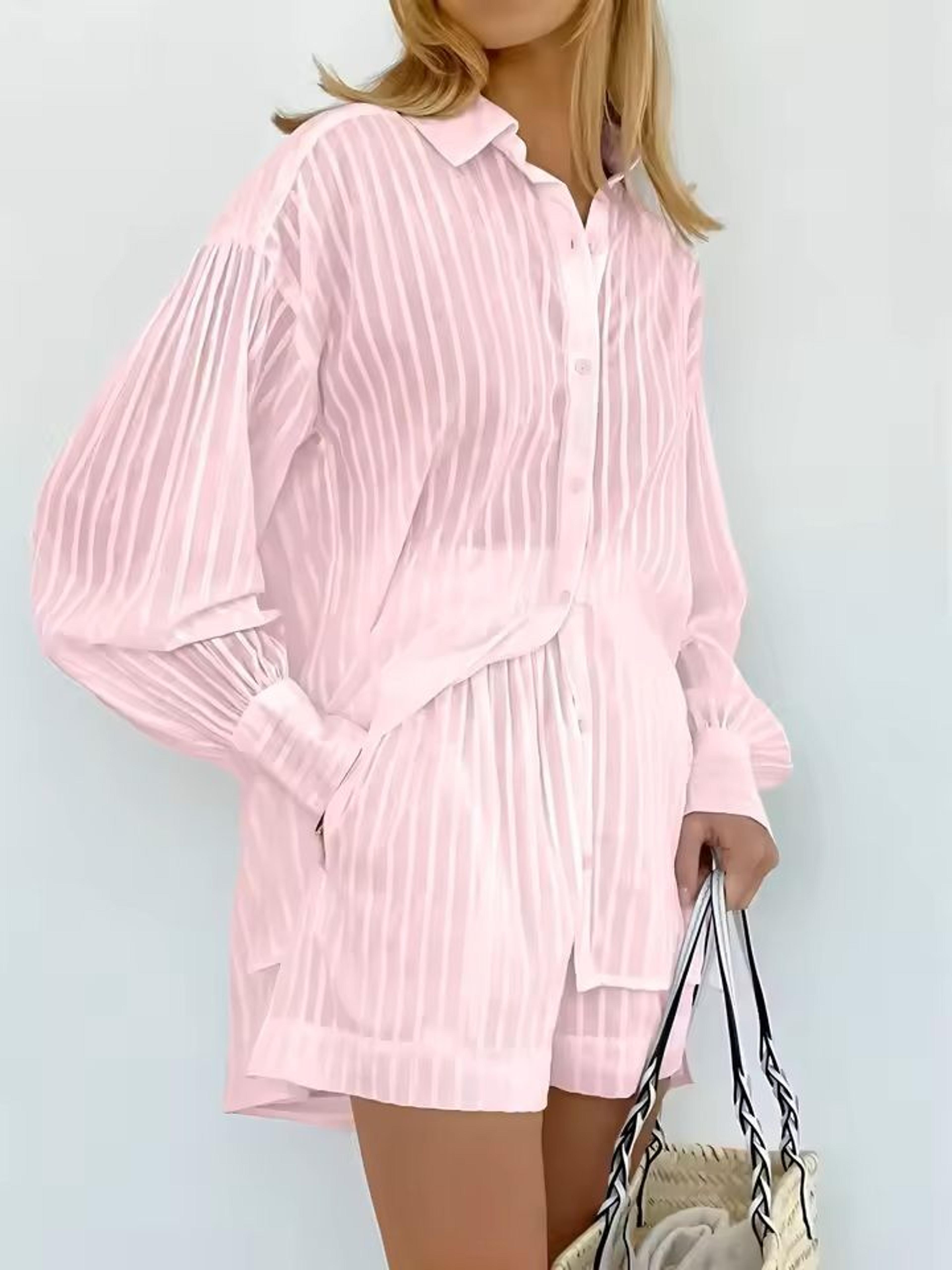 Cotton Two Piece Shorts Set For Women  Long Sleeve Striped Shirt And Matching Summer Outfit 3