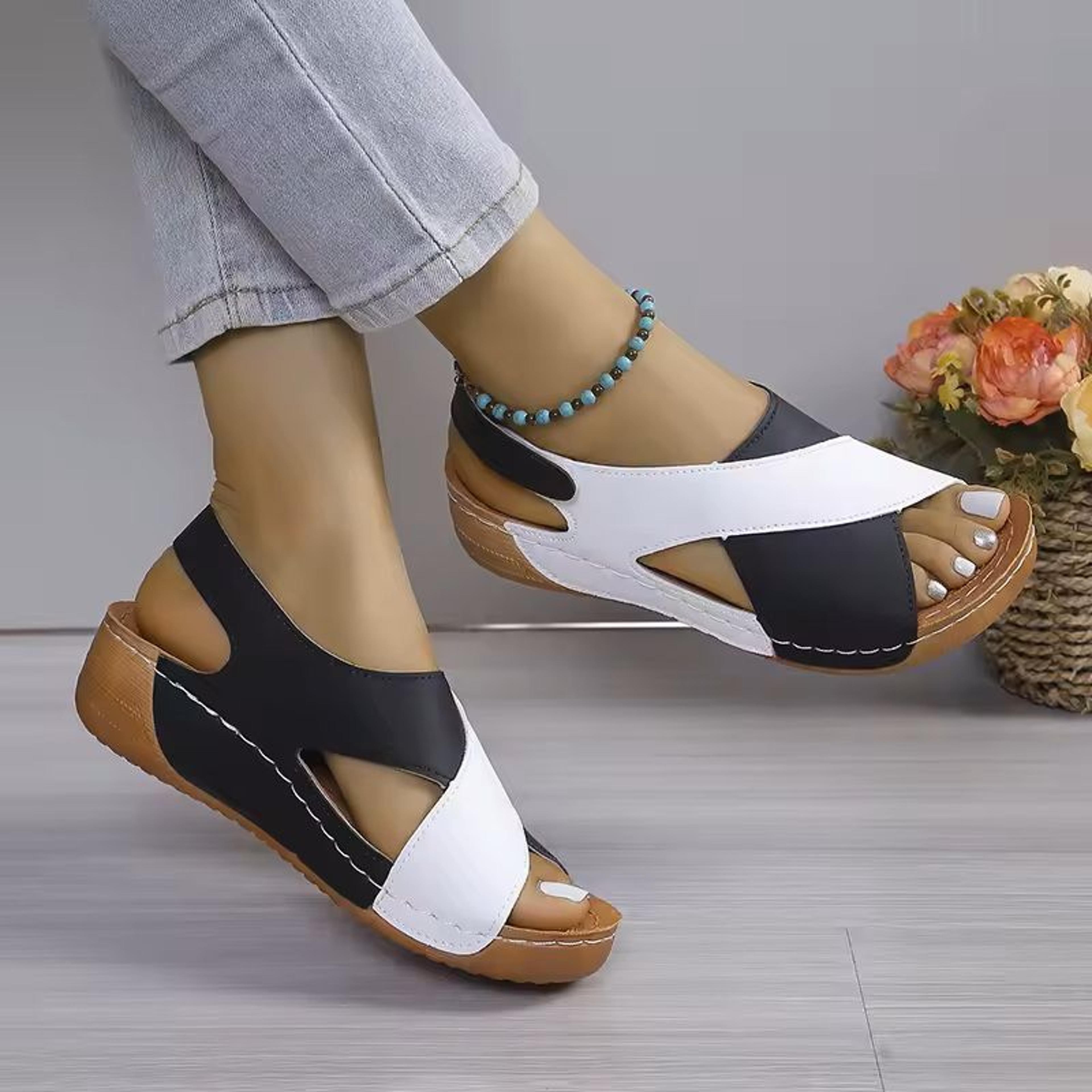 Womens Contrast Color Wedge Sandals Peep Toe Beach Shoes 7