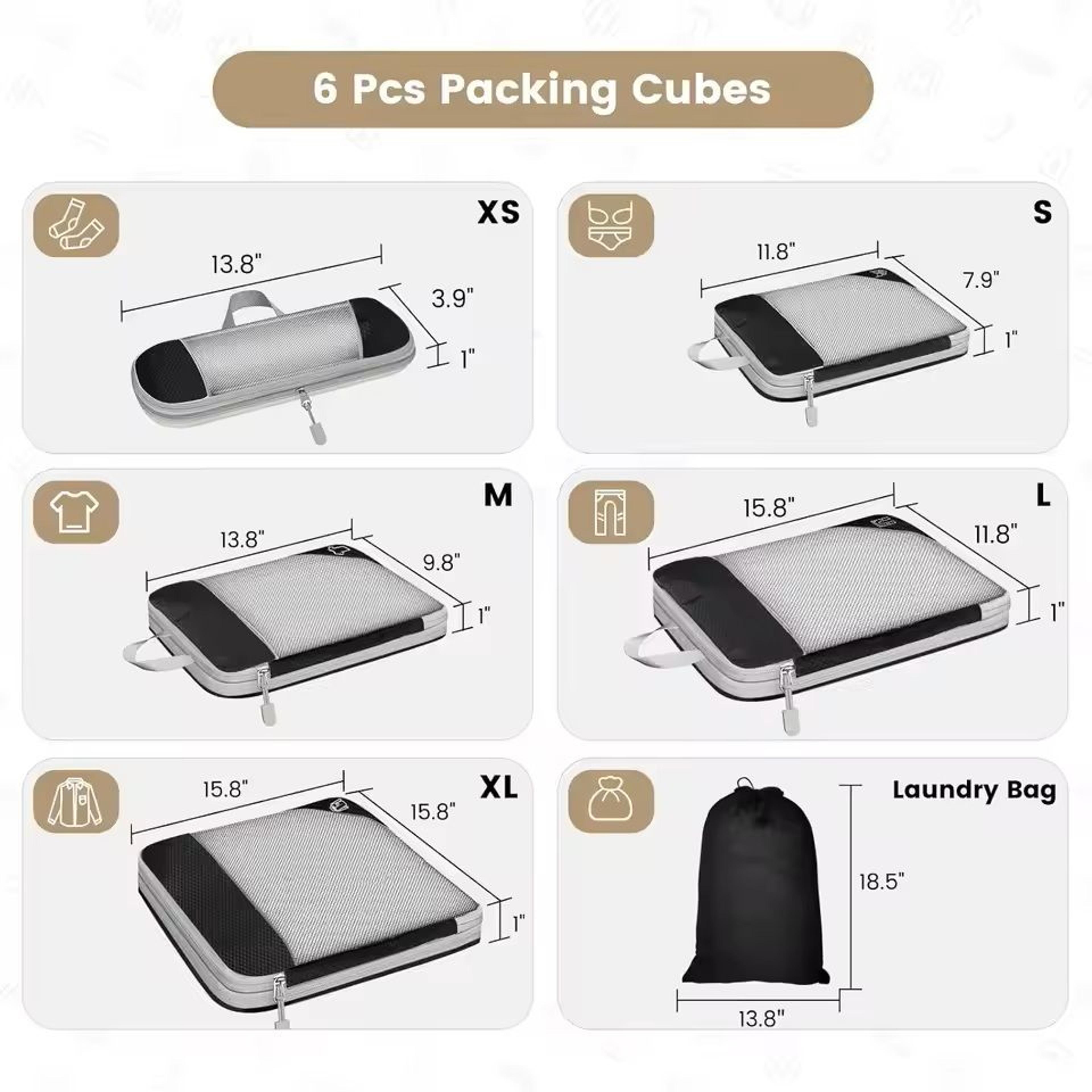 6 Piece Travel Compression Packing Cubes Set With Shoe Bag 2