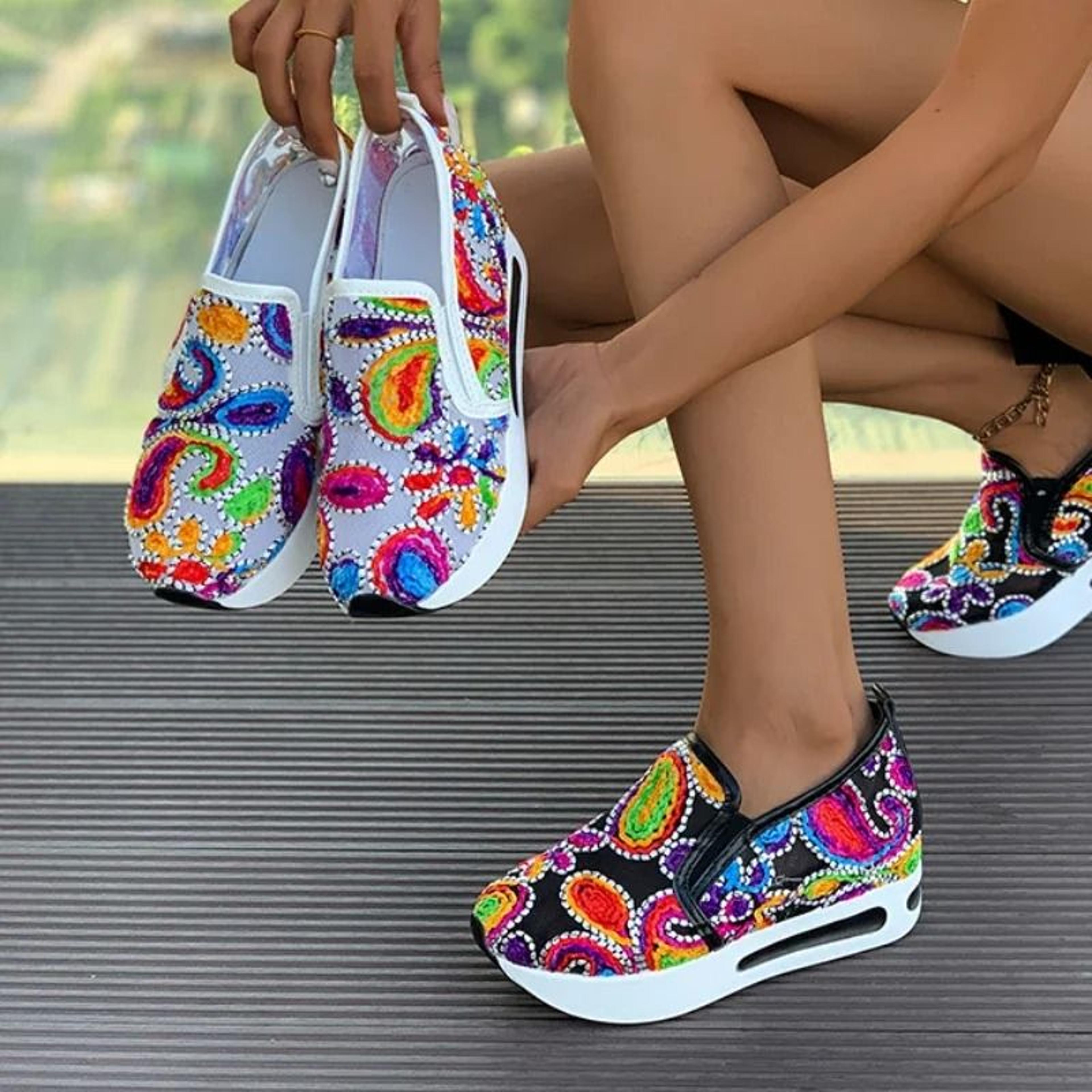 Womens SlipOn Platform Sneakers With Embroidered Design Breathable Mesh  Thick Sole Comfort Loafers 0
