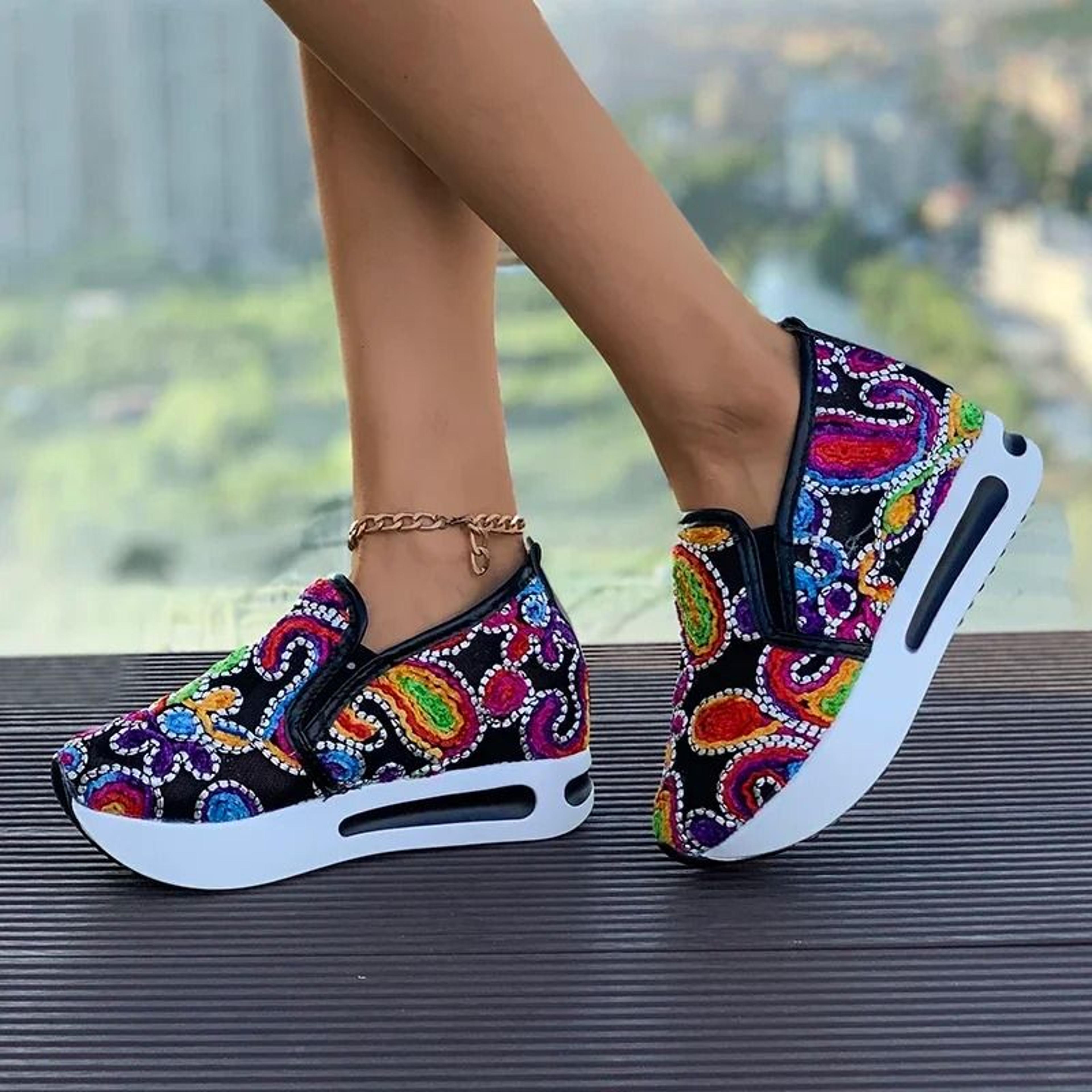 Womens SlipOn Platform Sneakers With Embroidered Design Breathable Mesh  Thick Sole Comfort Loafers 5