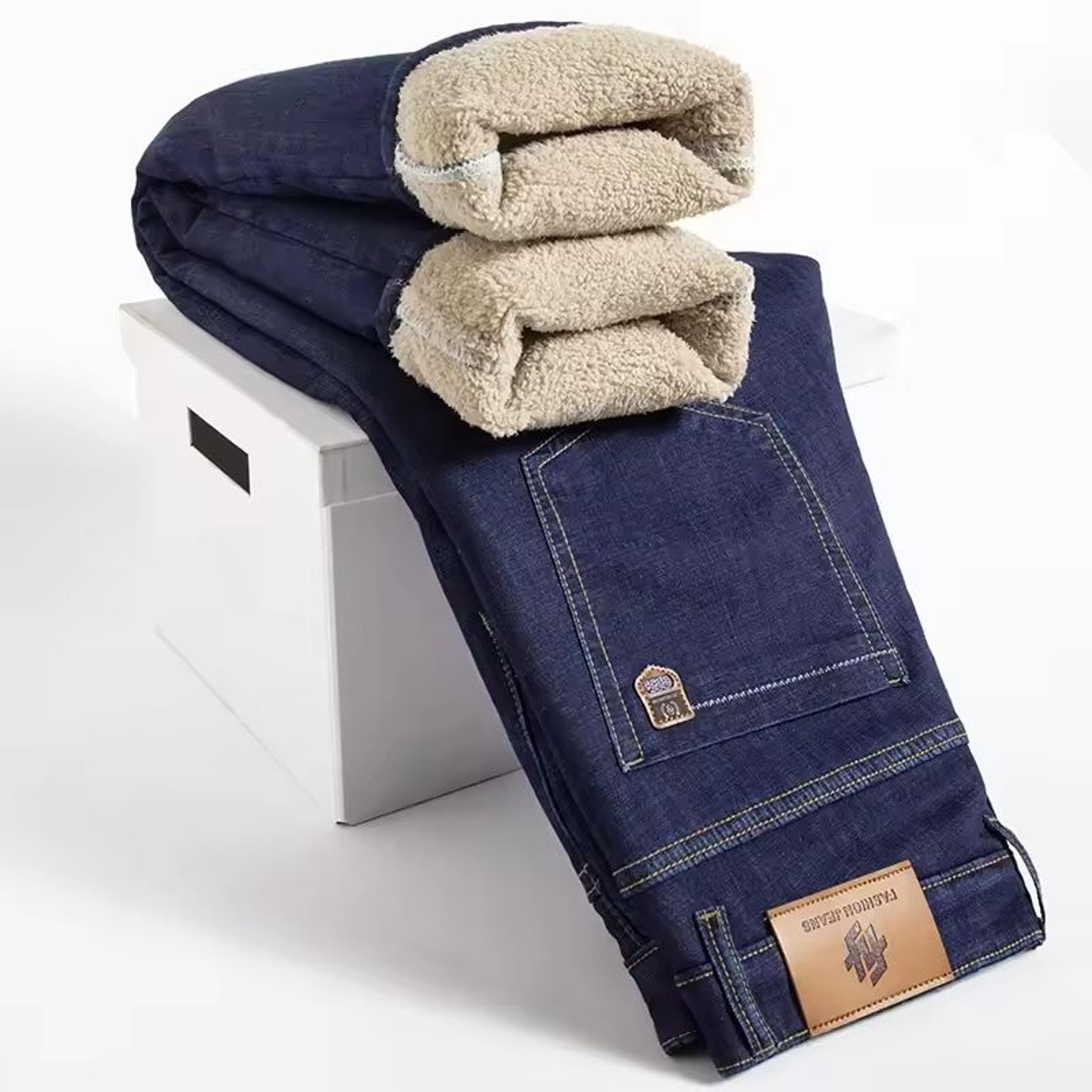 Winter Fleece Lined Denim Pants For Men Warm High Waist Straight Fit 9