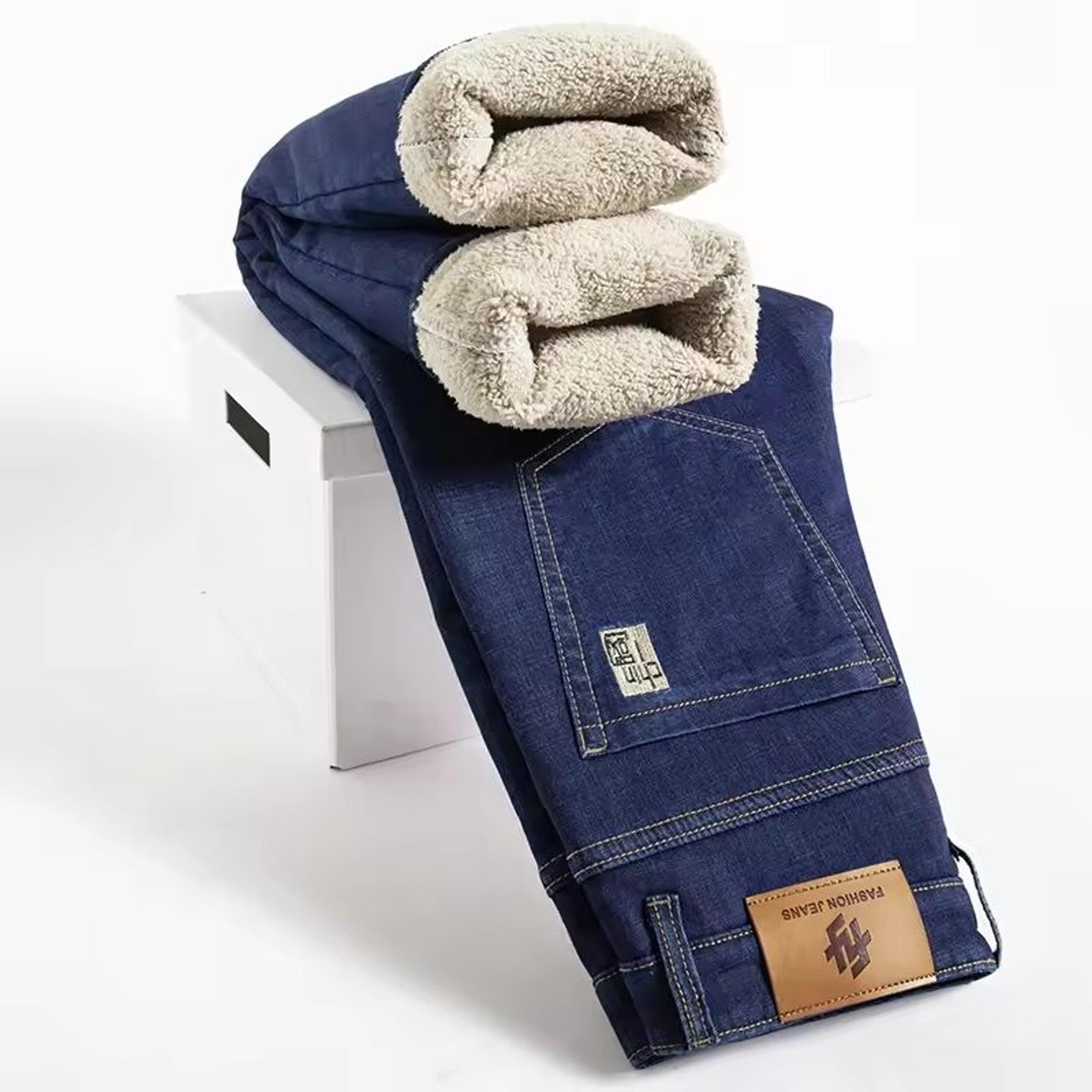 Winter Fleece Lined Denim Pants For Men Warm High Waist Straight Fit 7