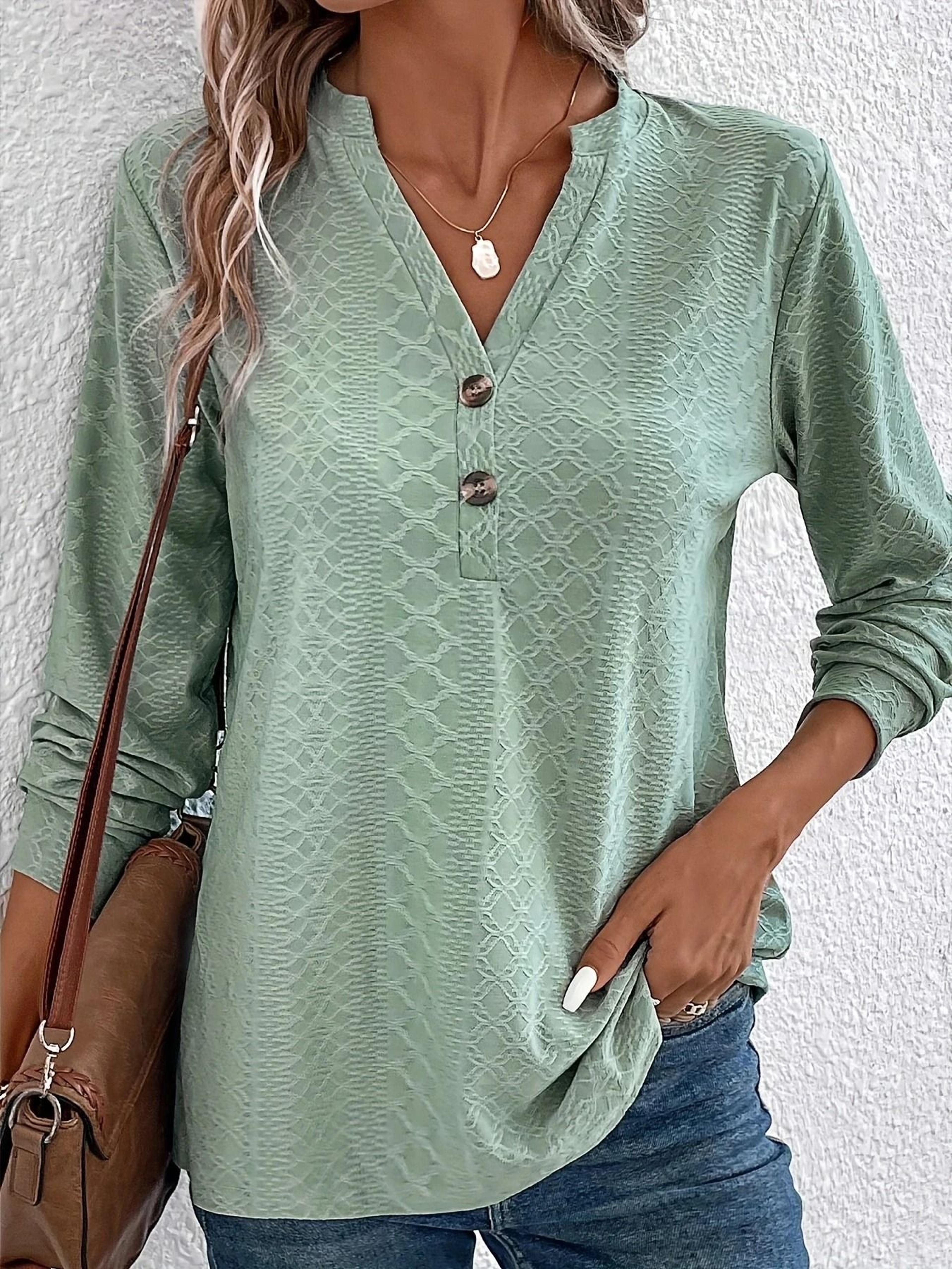 Women Solid Color V Neck Long Sleeve Button Top 6