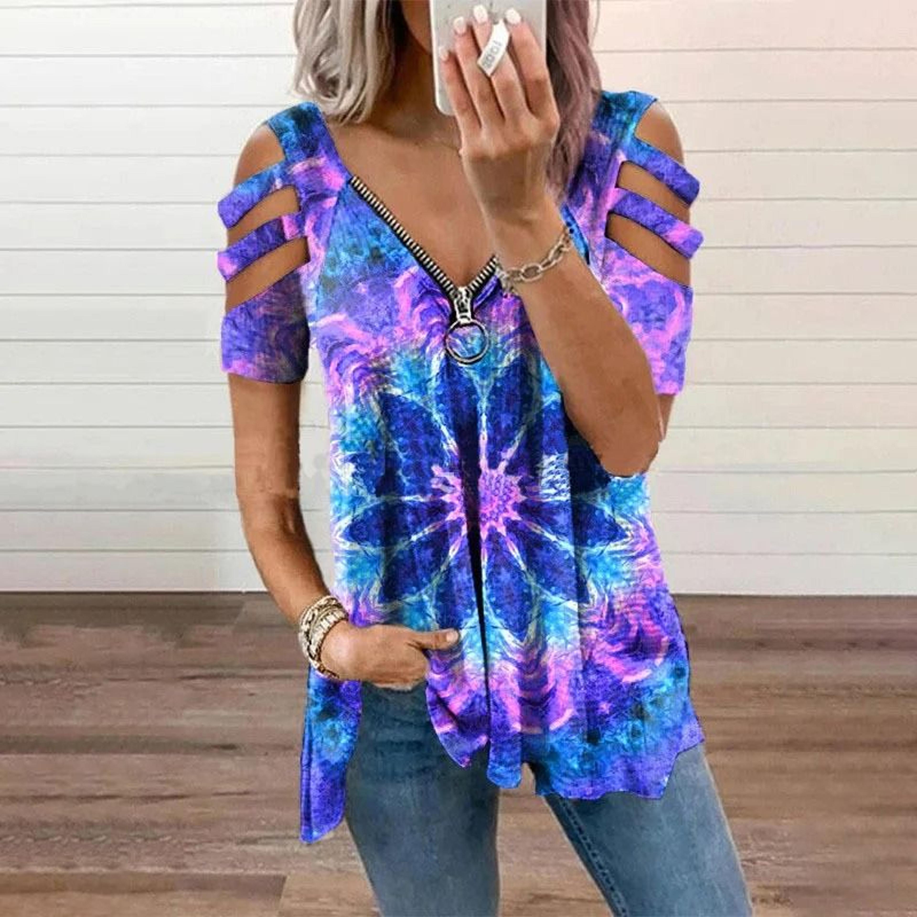 Summer Cold Shoulder Leopard Print Zipper V Neck Loose Casual Blouse 13