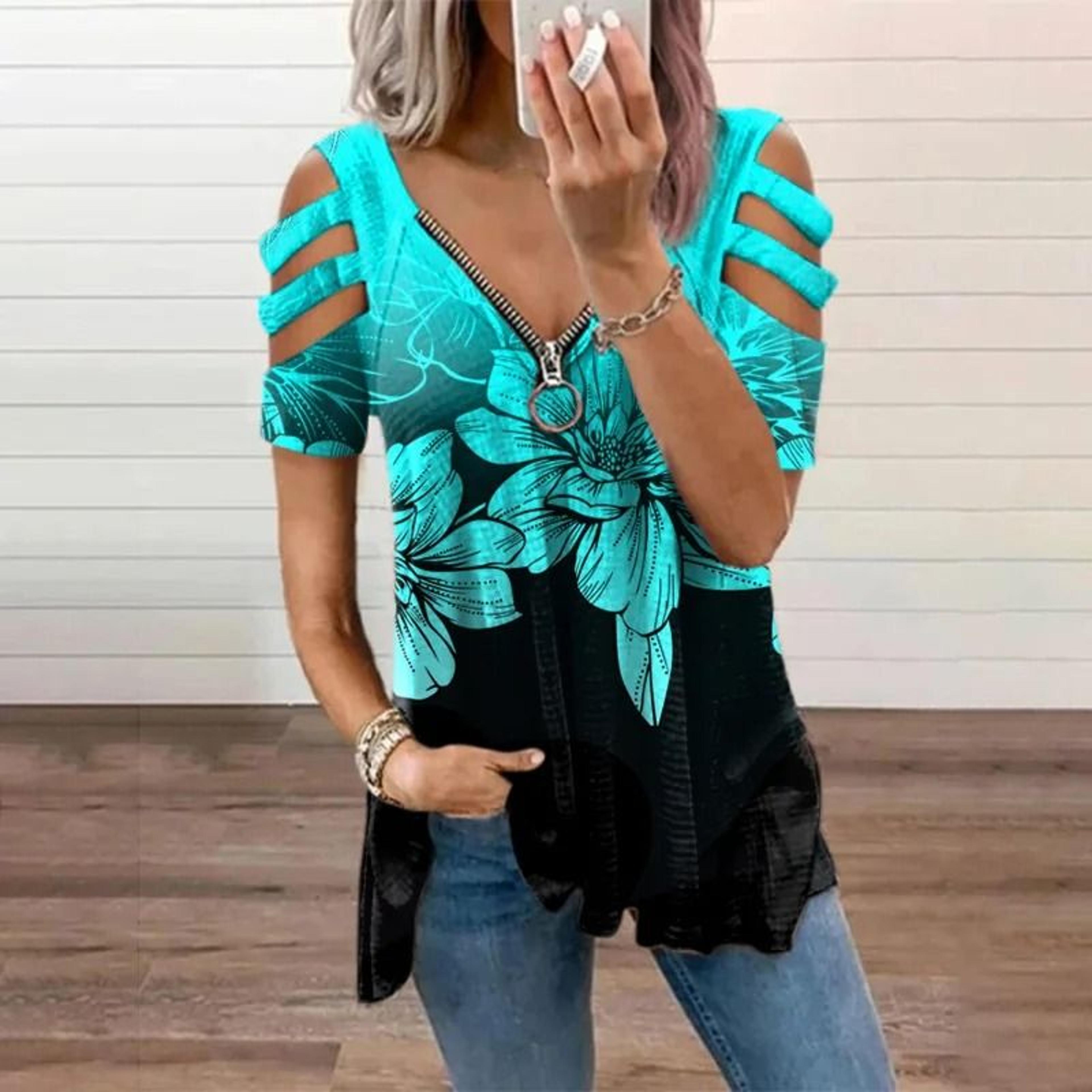 Summer Cold Shoulder Leopard Print Zipper V Neck Loose Casual Blouse 5