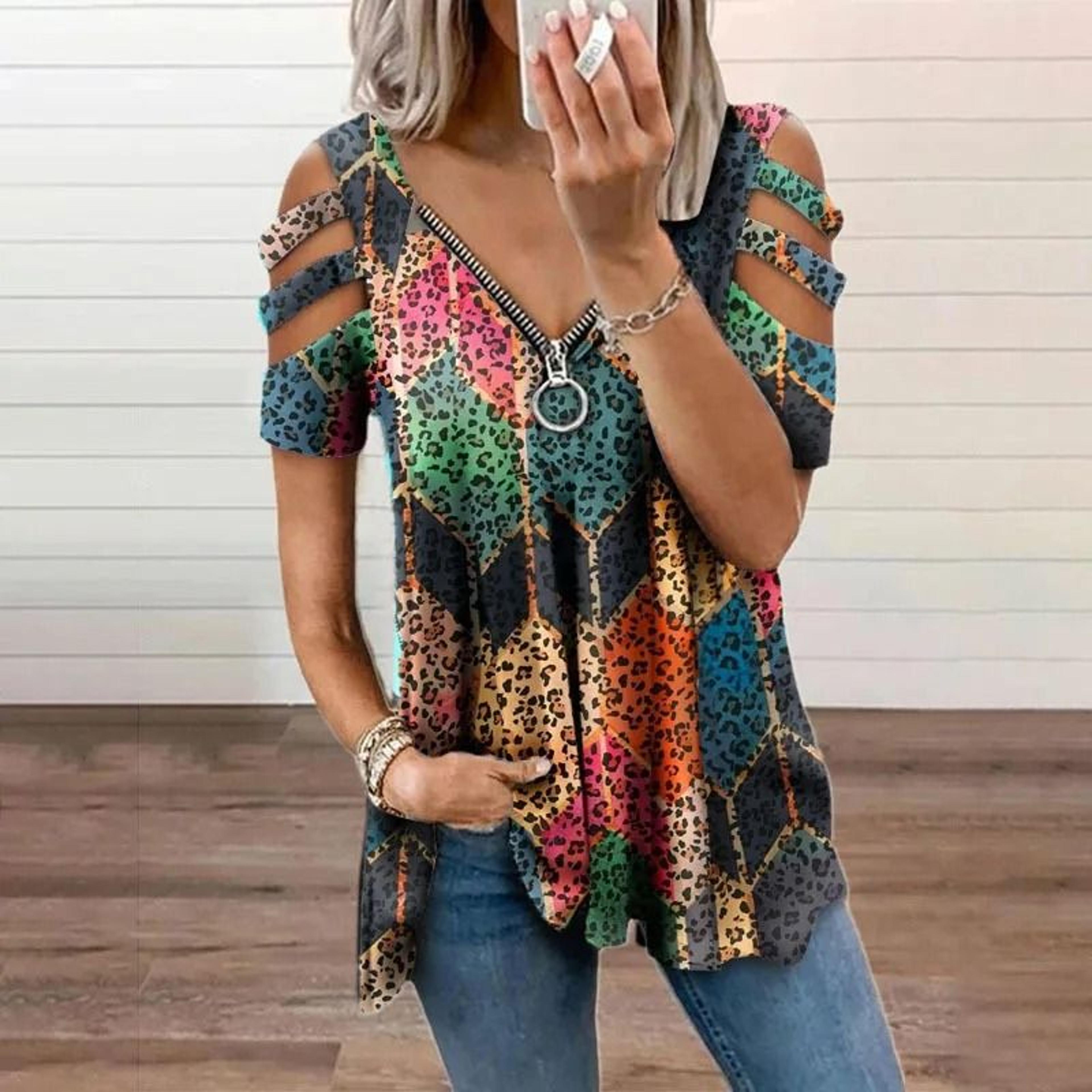 Summer Cold Shoulder Leopard Print Zipper V Neck Loose Casual Blouse 18