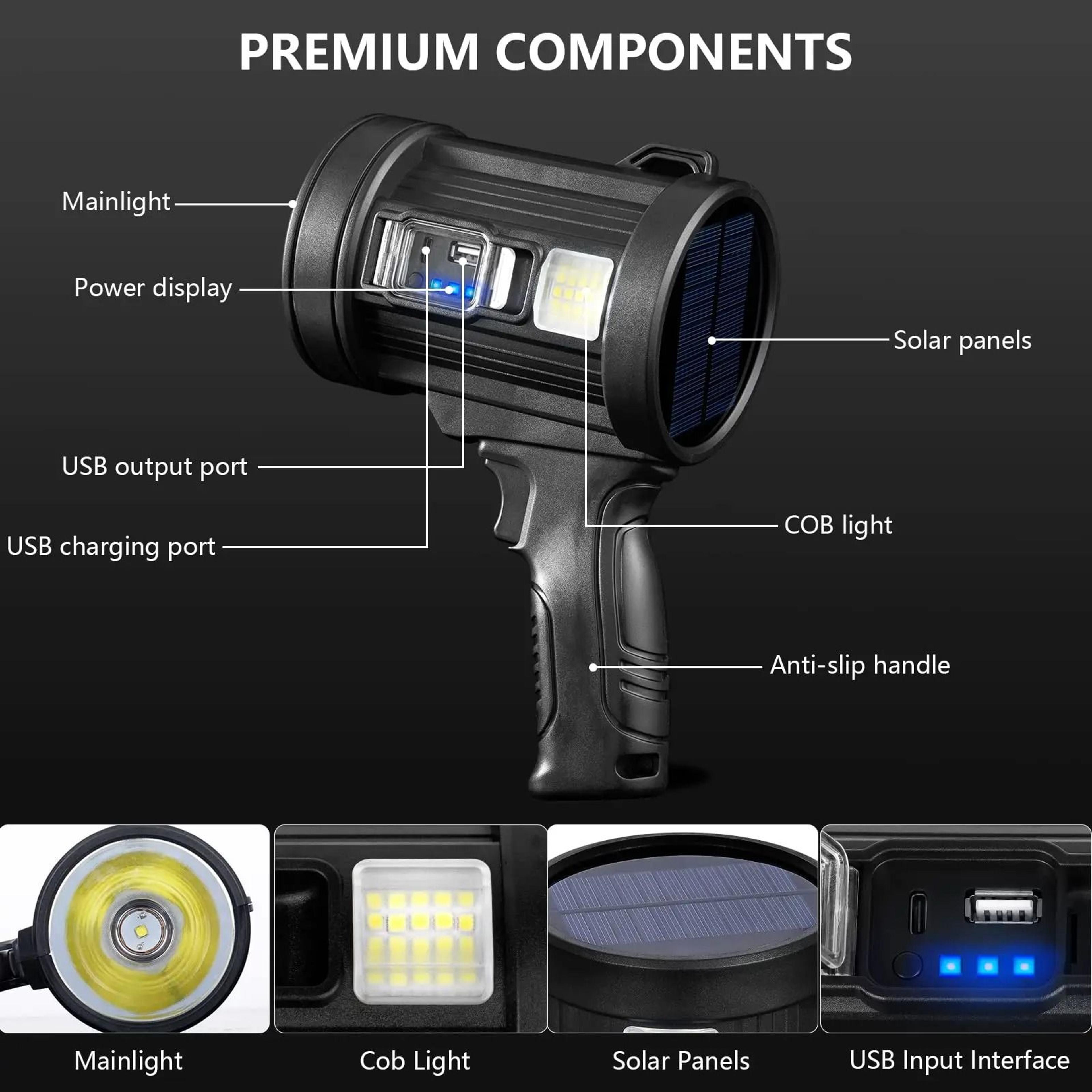 Rechargeable LED Spotlight With Solar Panel And COB Side Light For Camping And Hunting 4