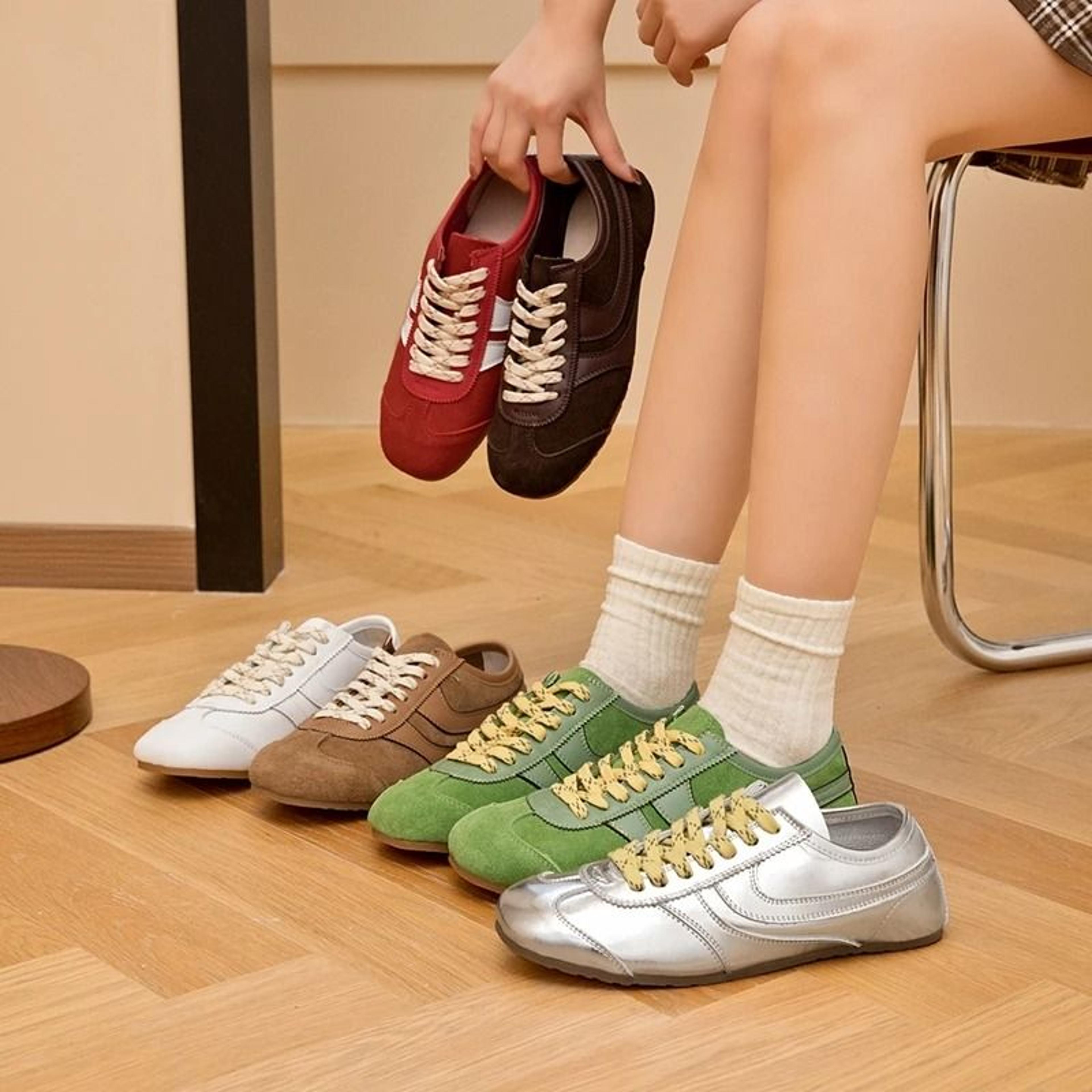 Womens Retro German Training Sneakers Genuine Leather Flat LaceUp Shoes 1