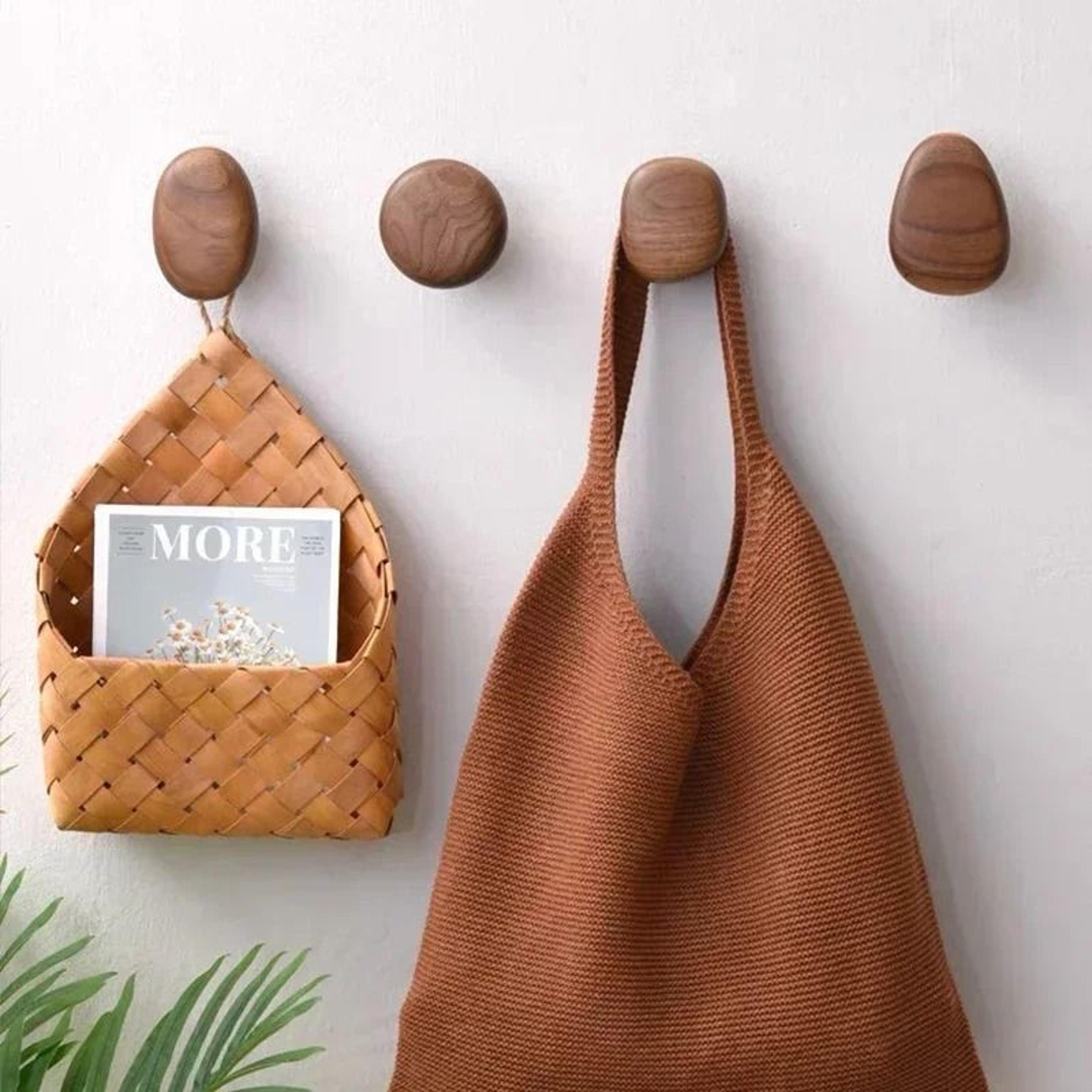 Scandinavian Solid Wood Wall Mounted Clothes Hook Pebble Shape Punch Free Door Hanger 0