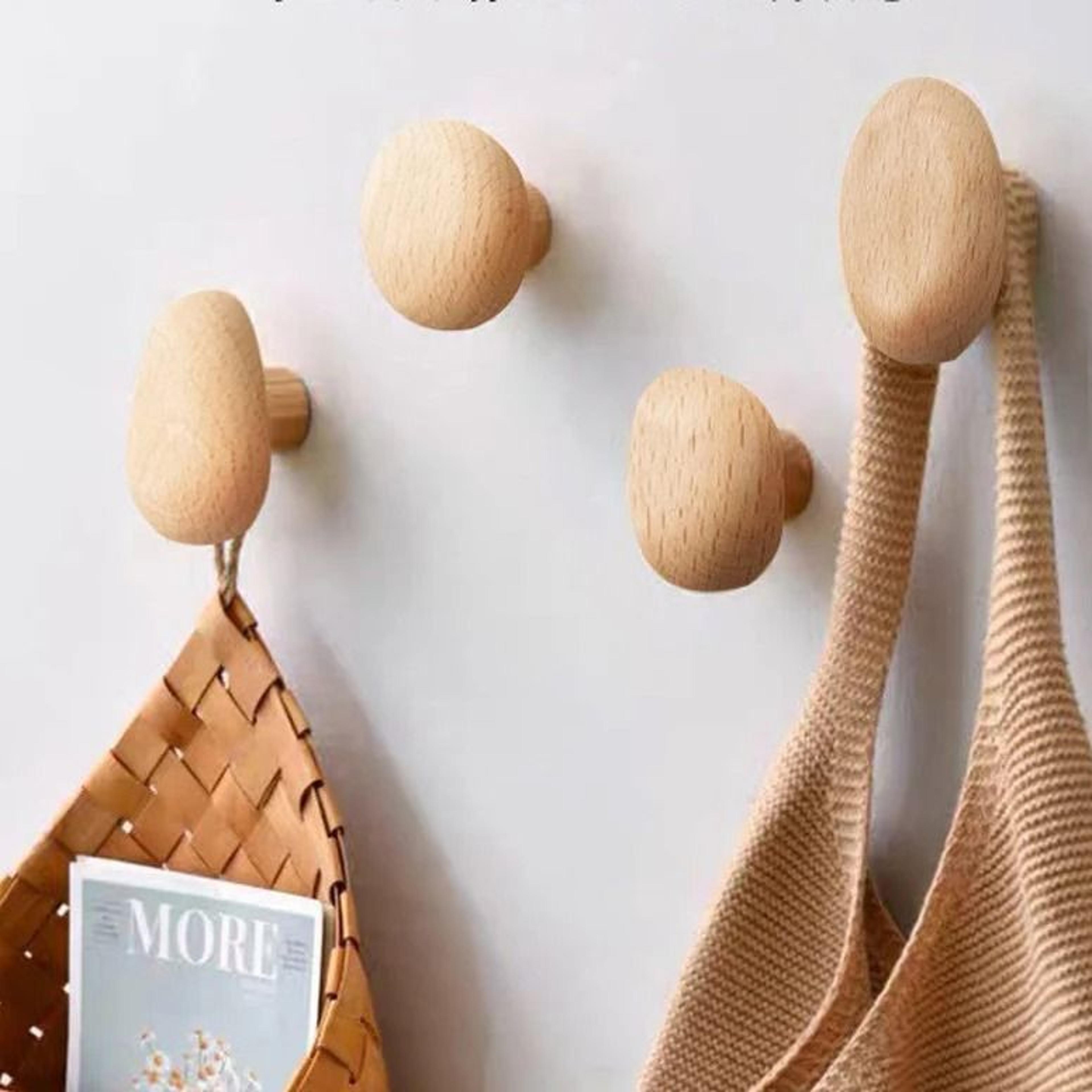 Scandinavian Solid Wood Wall Mounted Clothes Hook Pebble Shape Punch Free Door Hanger 11