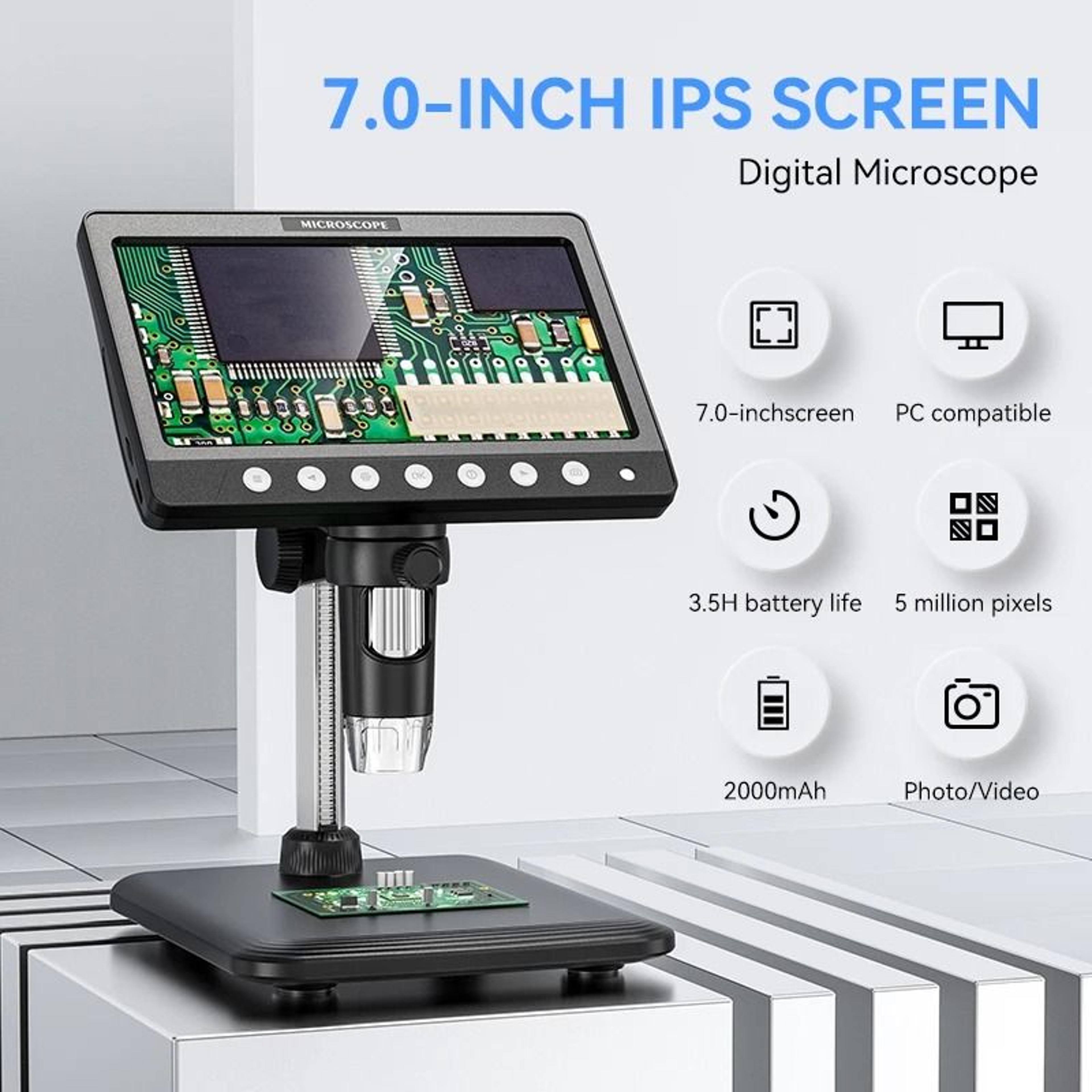 7 Inch IPS Digital Coin Microscope 1200X 5MP Camera With 8 LED Lights And 1080P Display 1