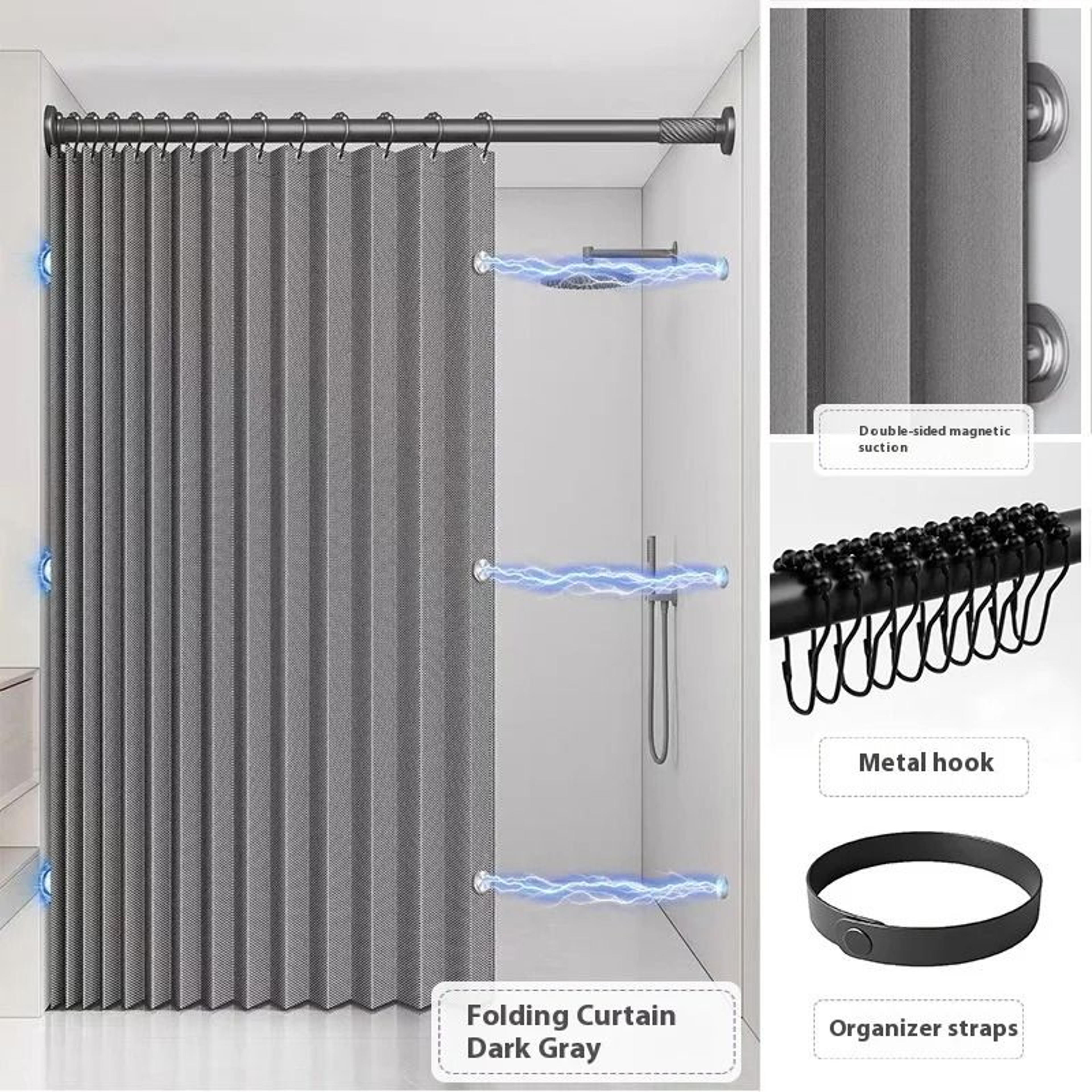 Waterproof Folding Linen Shower Curtain With Magnets For Walk In Bathroom 6