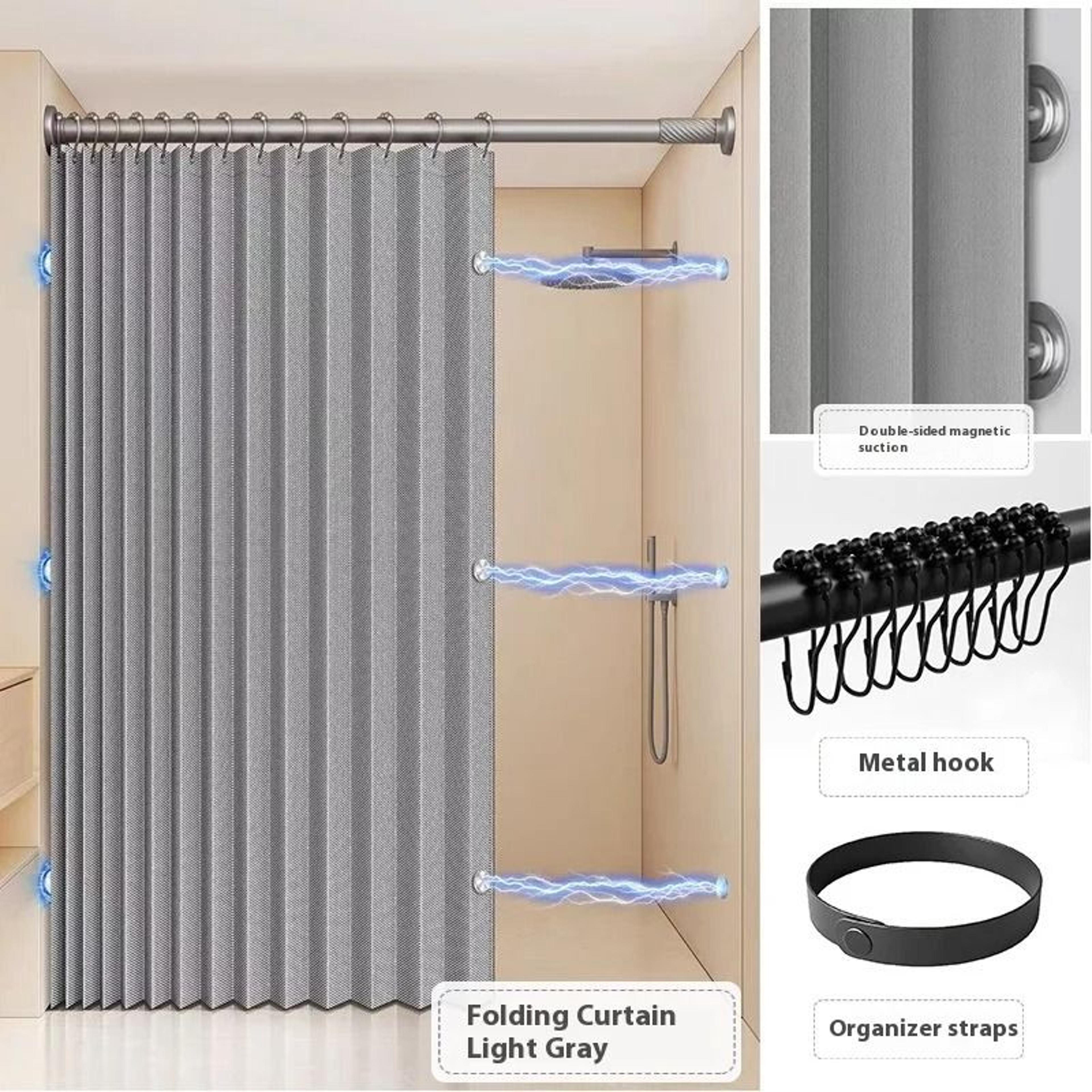 Waterproof Folding Linen Shower Curtain With Magnets For Walk In Bathroom 7