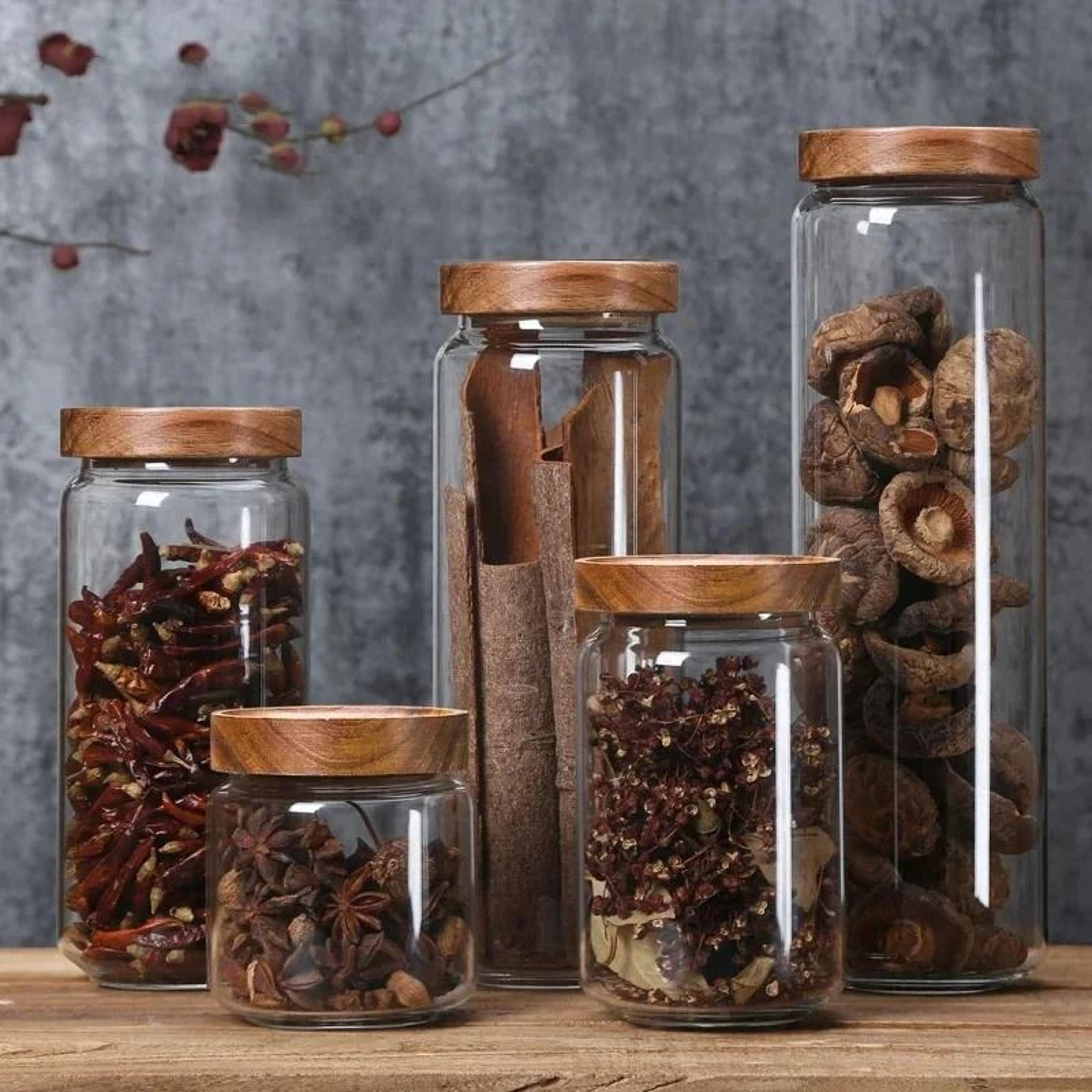 glass airtight storage jar with wood lid for kitchen and food organization