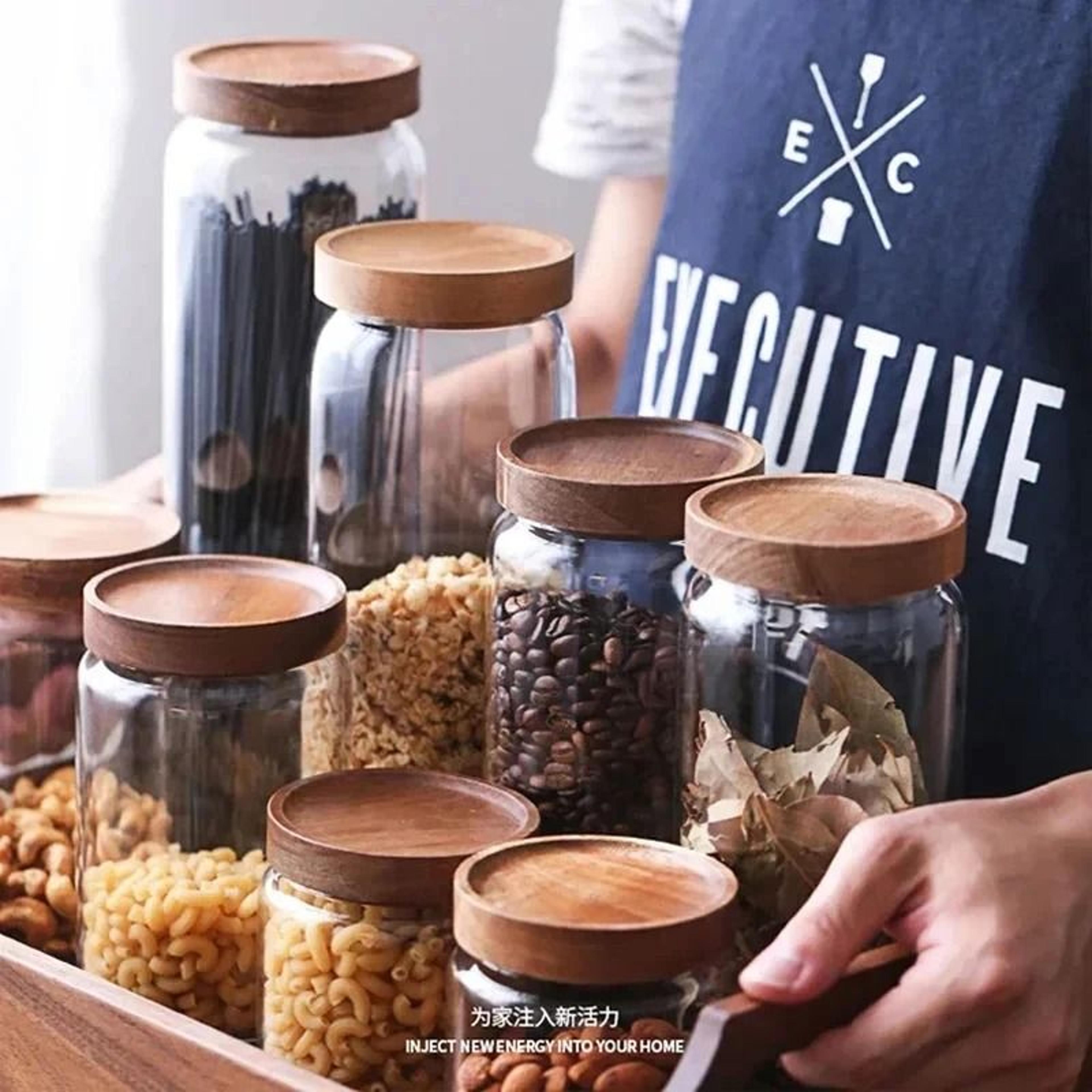 Glass Airtight Storage Jar With Wood Lid For Kitchen And Food Organization 3