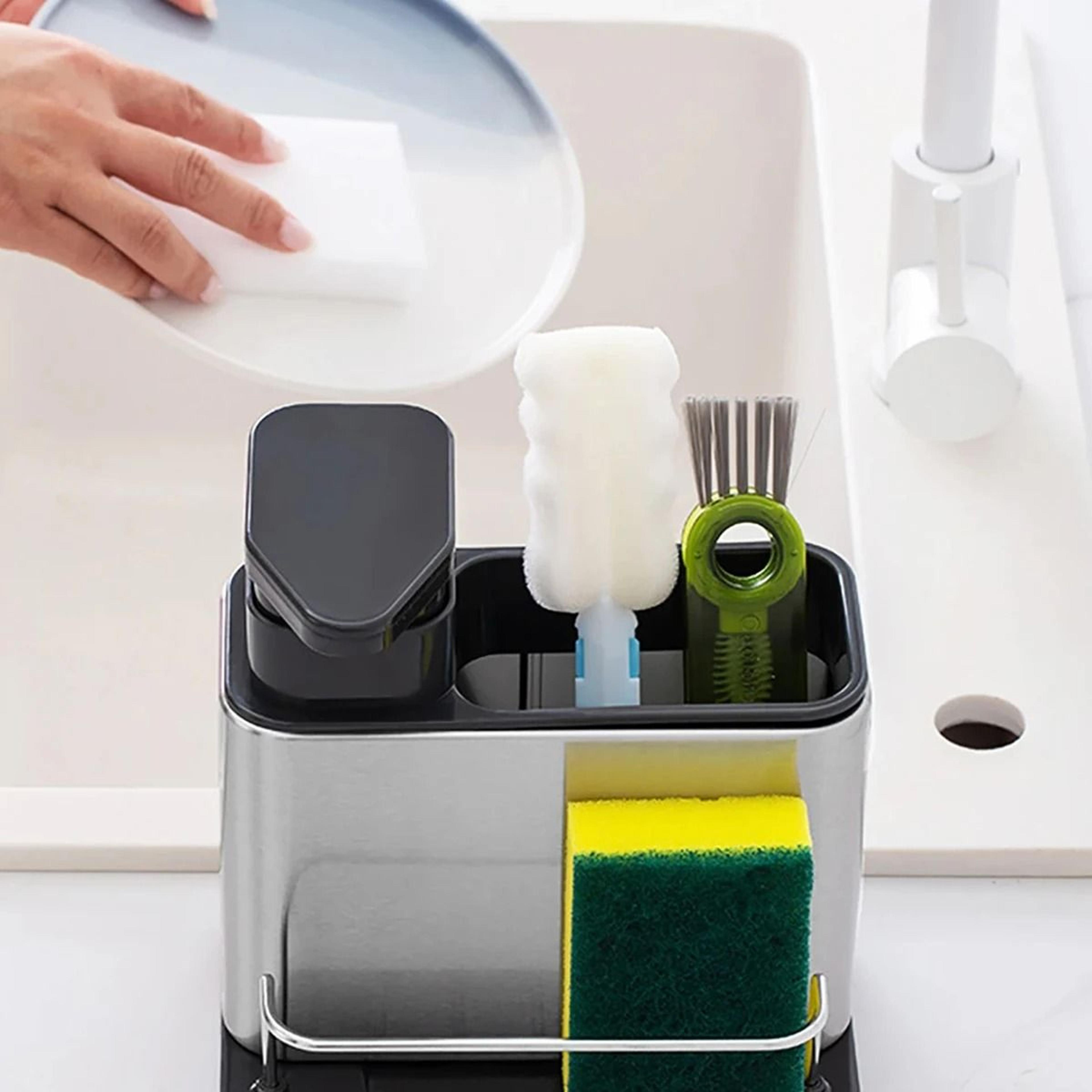 3 In 1 Stainless Steel Kitchen Soap Dispenser With Sponge And Cutlery Organizer 3