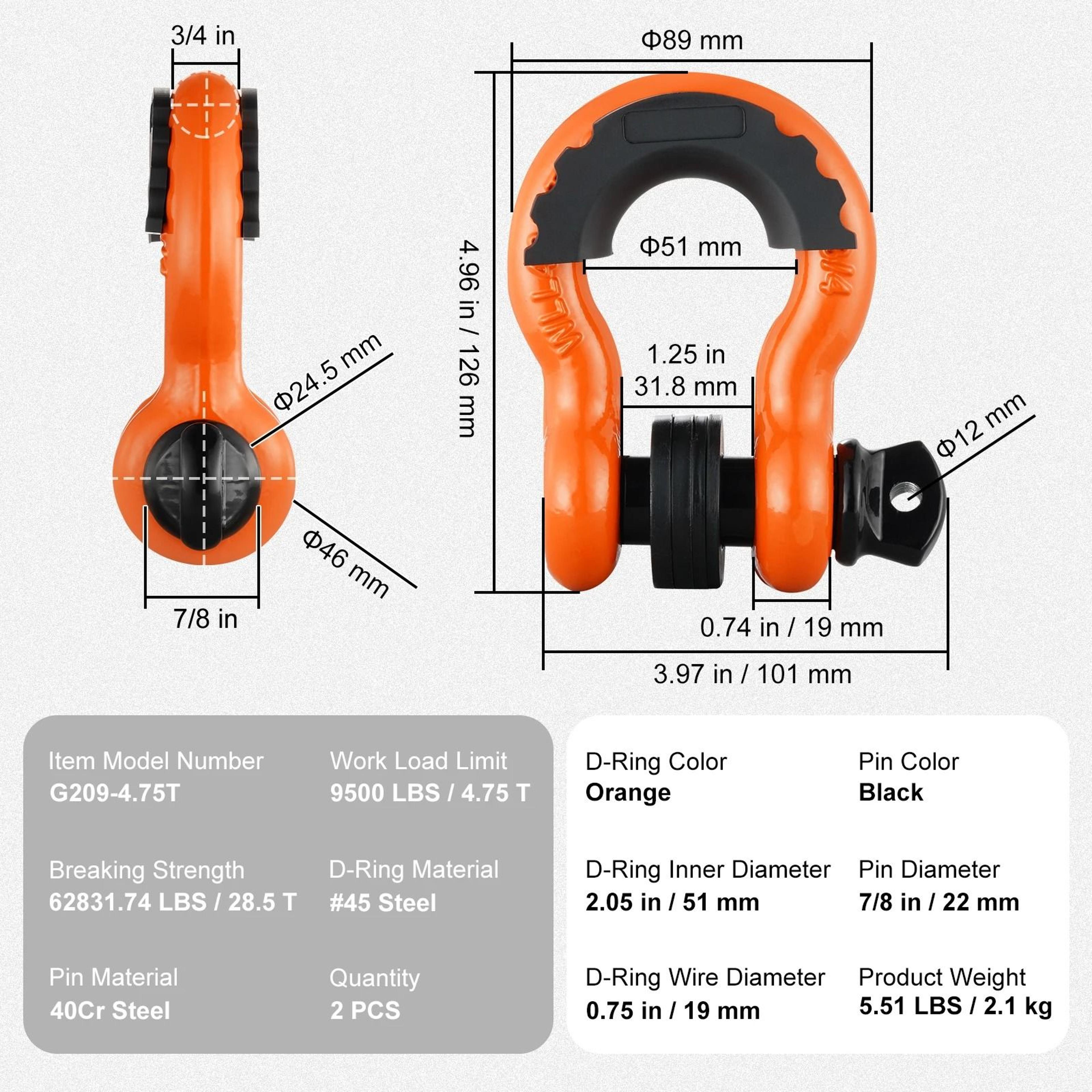 HeavyDuty 34 Inch DRing Shackles 2Pack  62832 Lb Break Strength Bow Shackles With Isolators Washers 8