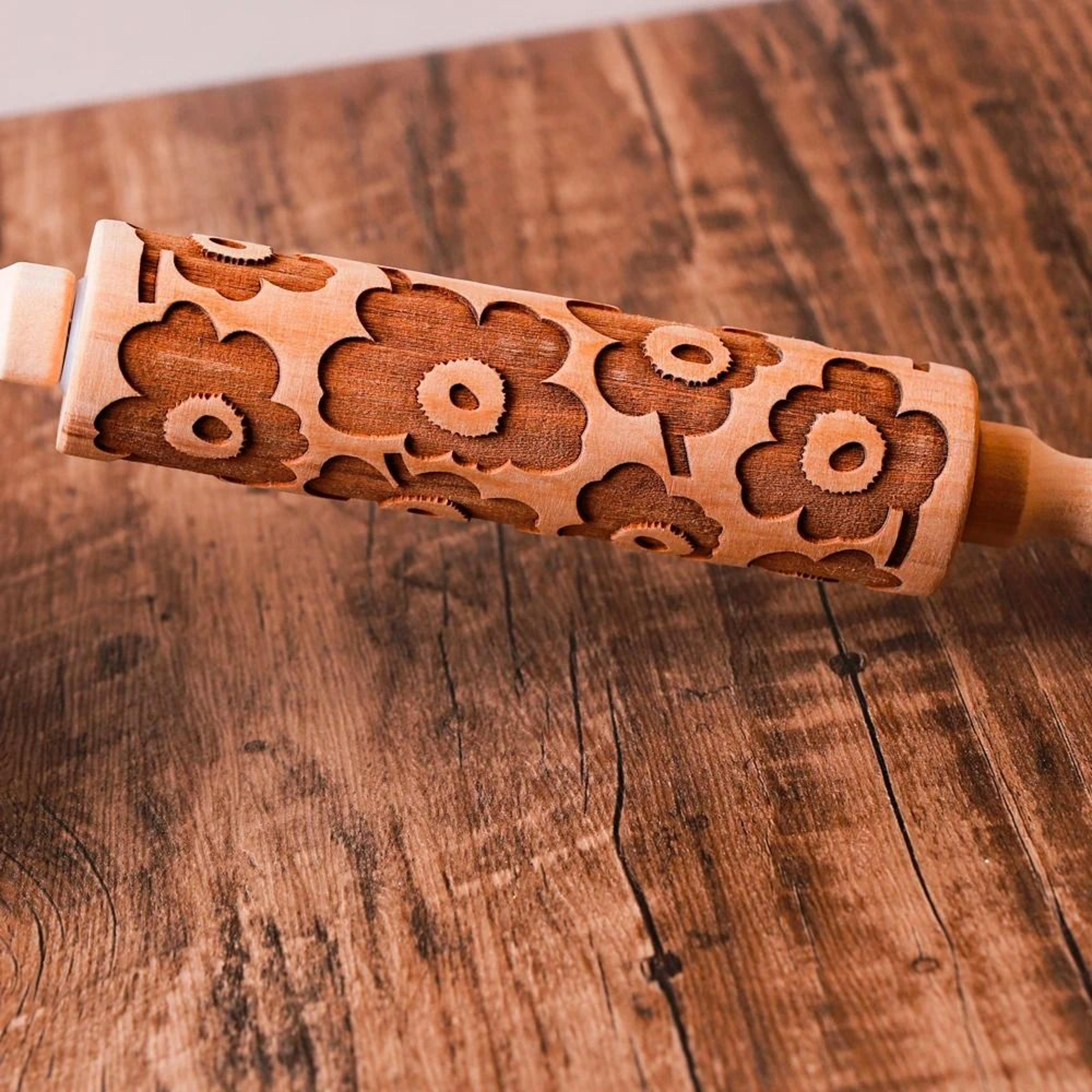 European Retro Flower Embossed Wooden Rolling Pin  Deep Engraved 3D Cookie Mold For Baking 6