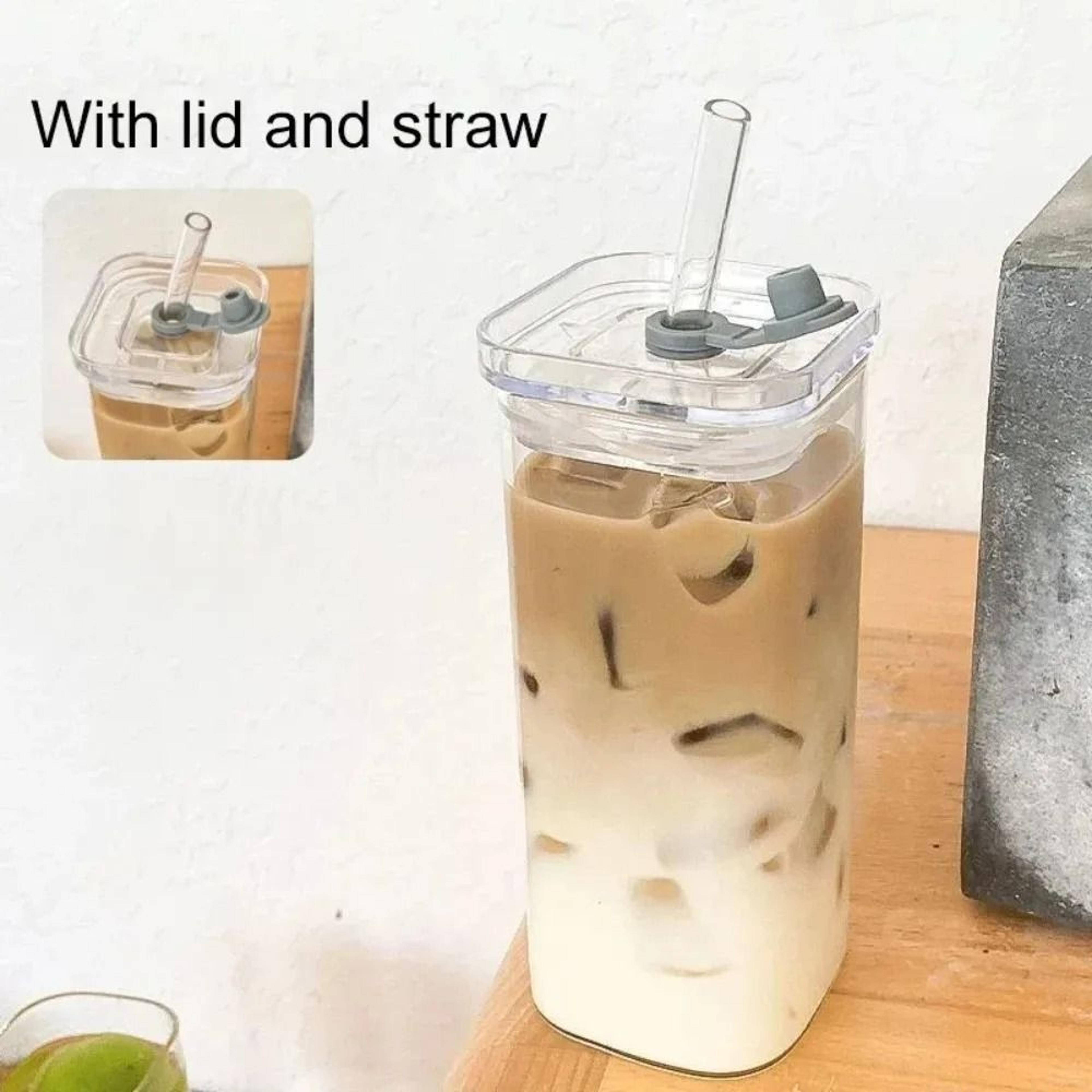 Square HeatResistant Glass Cup With Lid And Straw  400ml Transparent Coffee And Milk Tea Mug For Ho 1