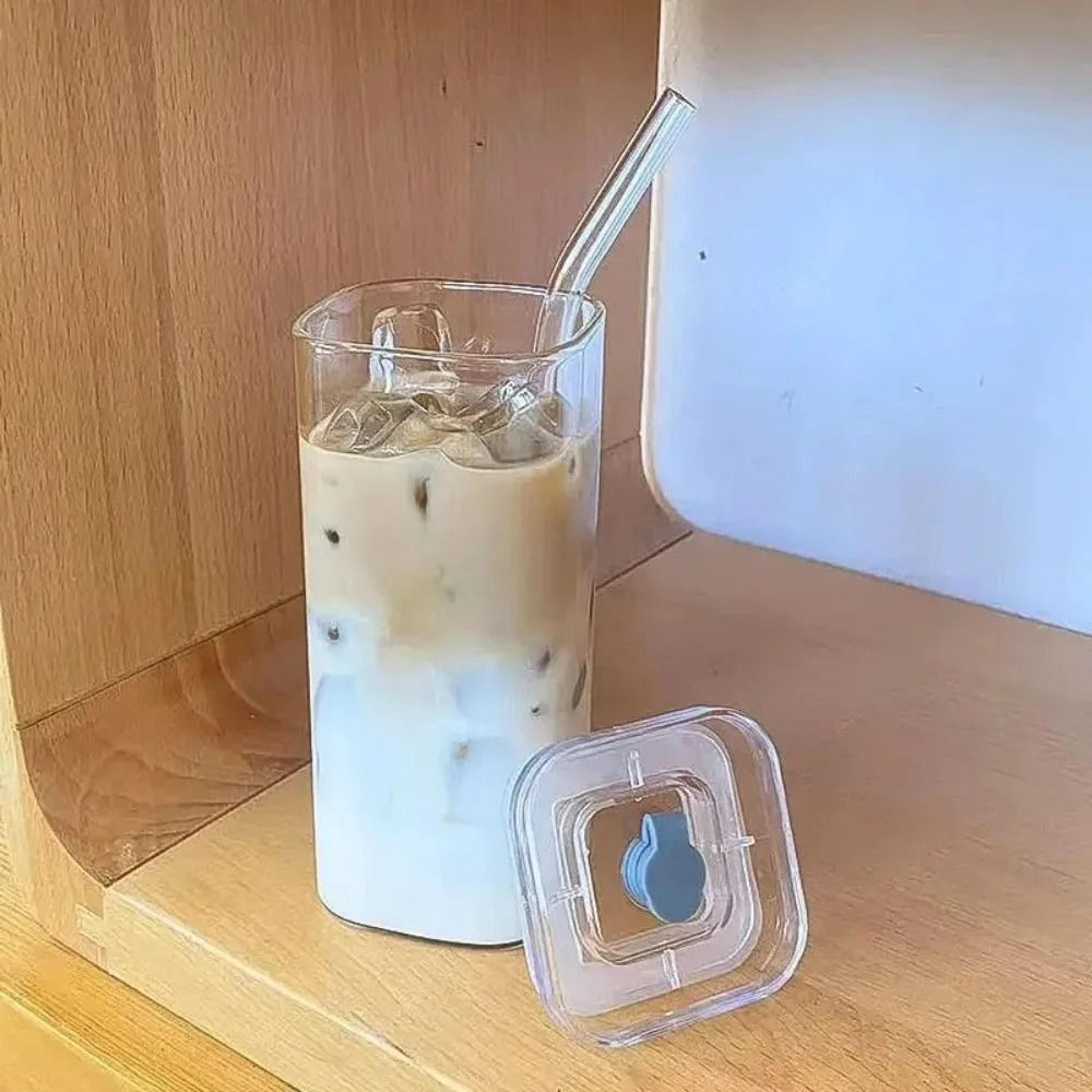 Square HeatResistant Glass Cup With Lid And Straw  400ml Transparent Coffee And Milk Tea Mug For Ho 2
