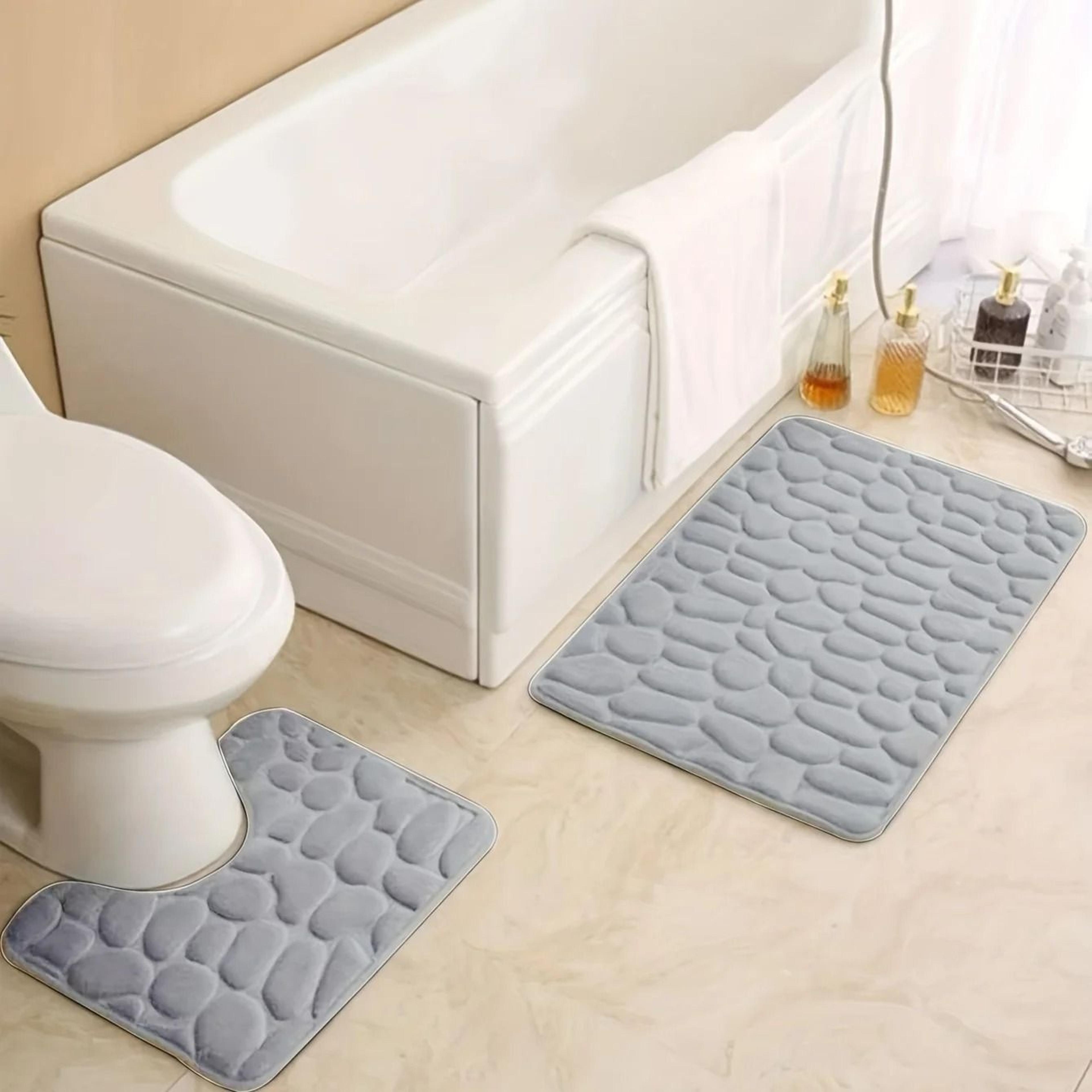 Embossed Stone Pattern Absorbent Bathroom And Door Mat Set 10