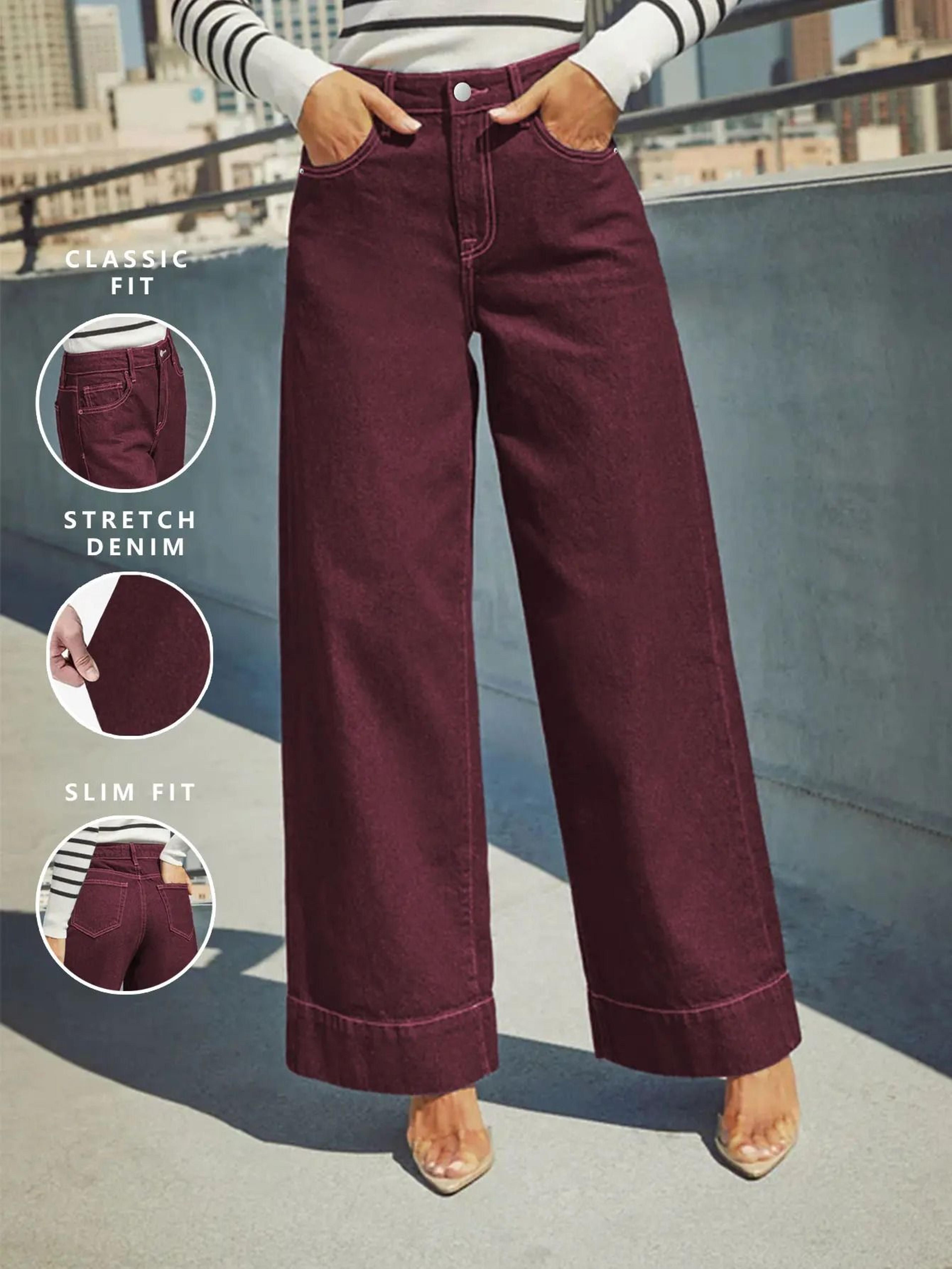 Womens Burgundy High Waist Stretch WideLeg Jeans 1