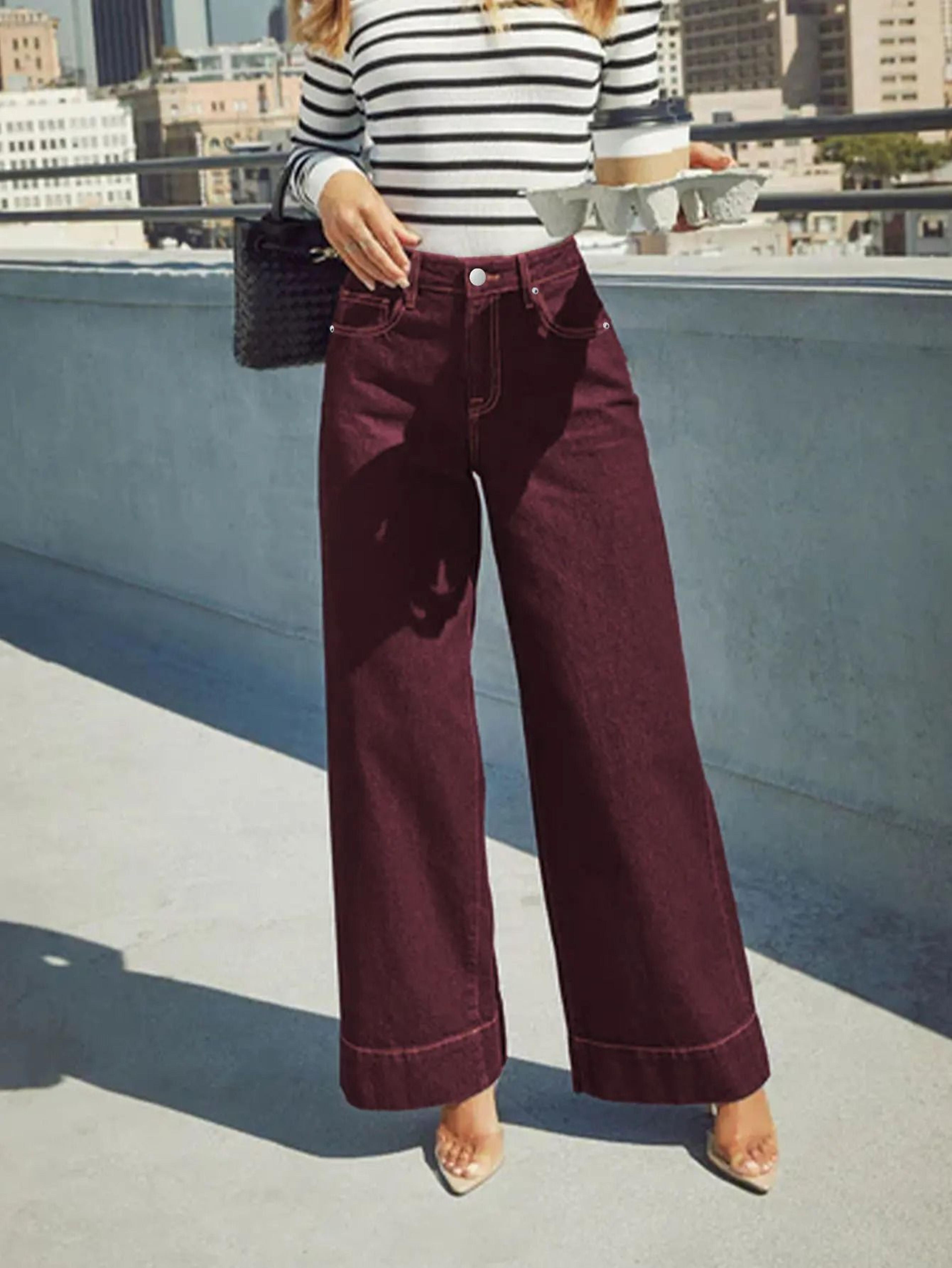 Womens Burgundy High Waist Stretch WideLeg Jeans 2