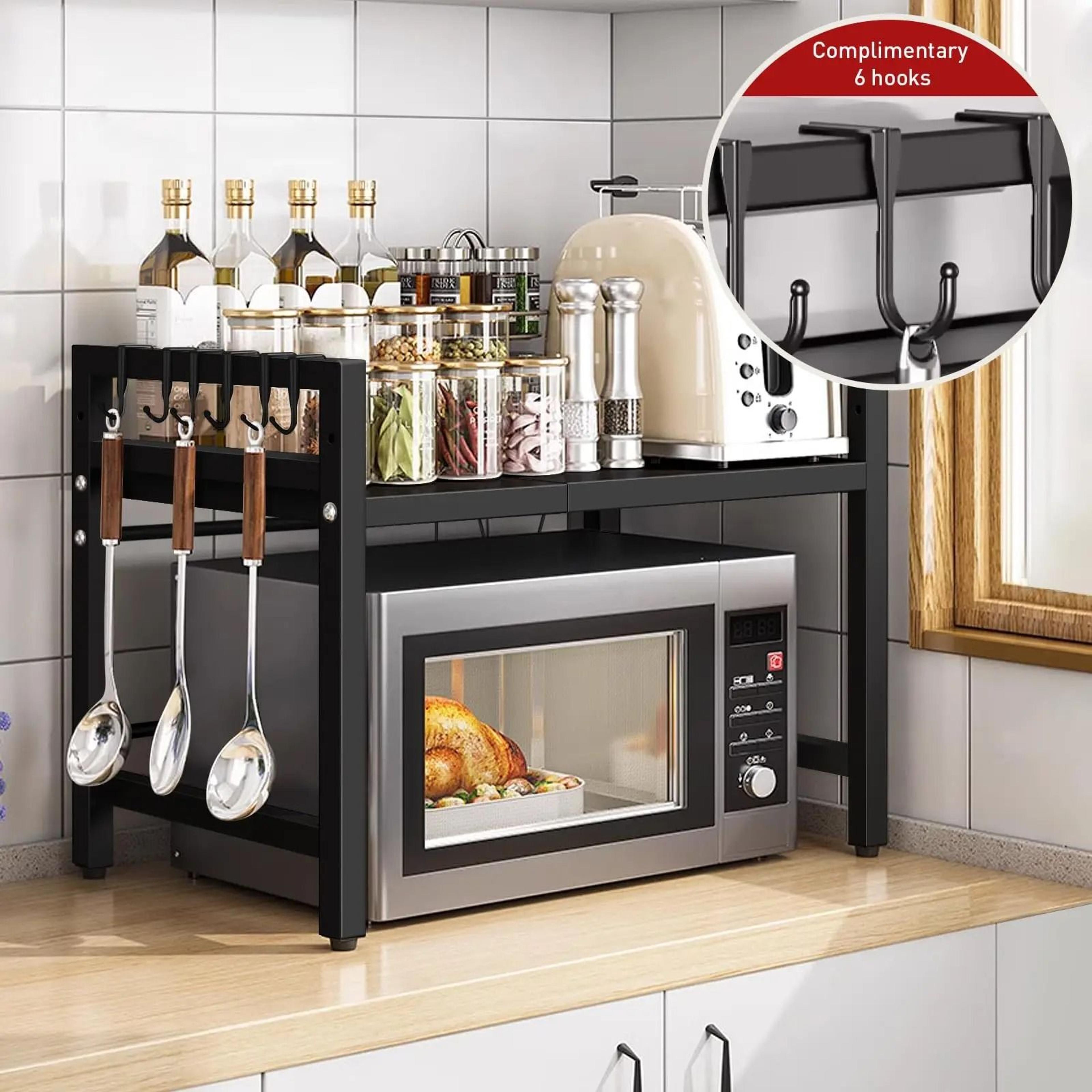 expandable microwave shelf organizer with adjustable countertop storage rack