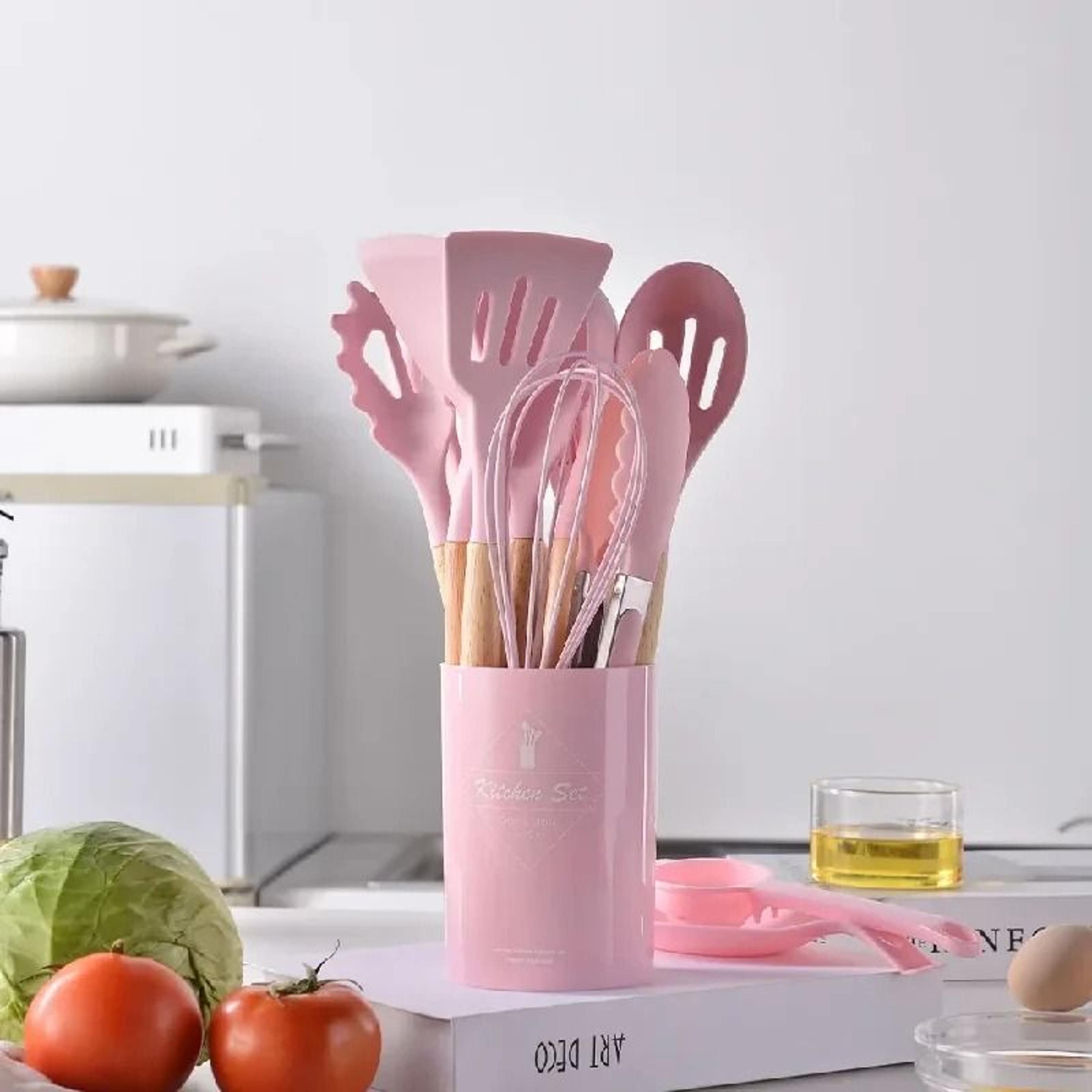 12Pcs Silicone Utensils Set Non Stick Cookware Spatula Shovel Egg Beaters Wooden Handle Kitchenware